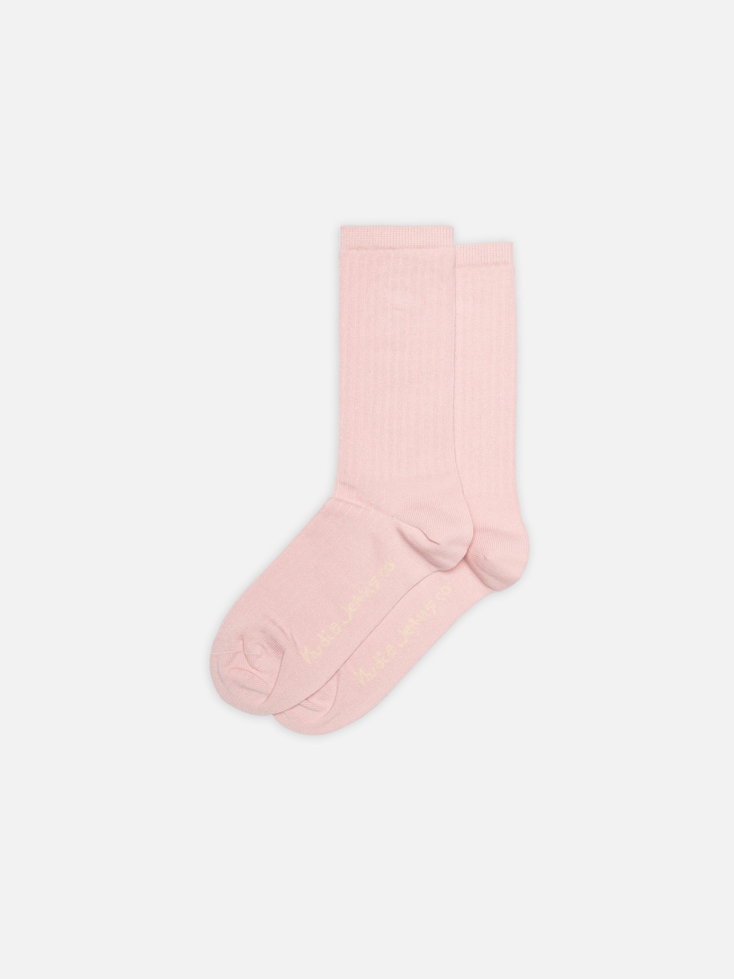 Nudie Jeans Women Cotton Ribbed Socks Pink, a pair shown flat against a light background.
