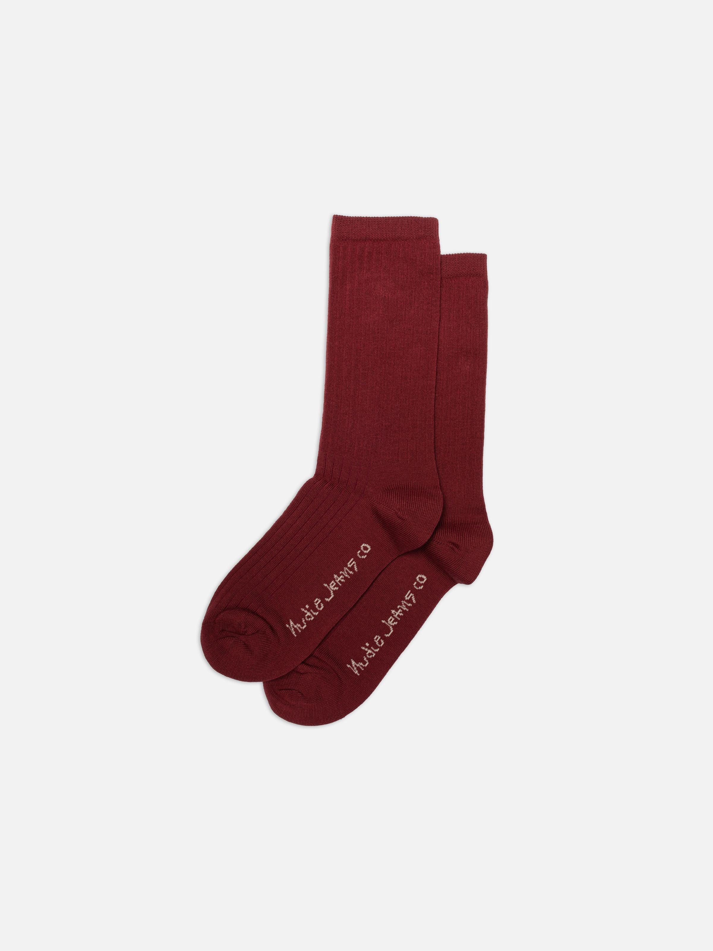 Nudie Jeans Women Cotton Ribbed Socks in Burgundy, organic cotton socks with a 3x1 rib knit and logo on the sole.