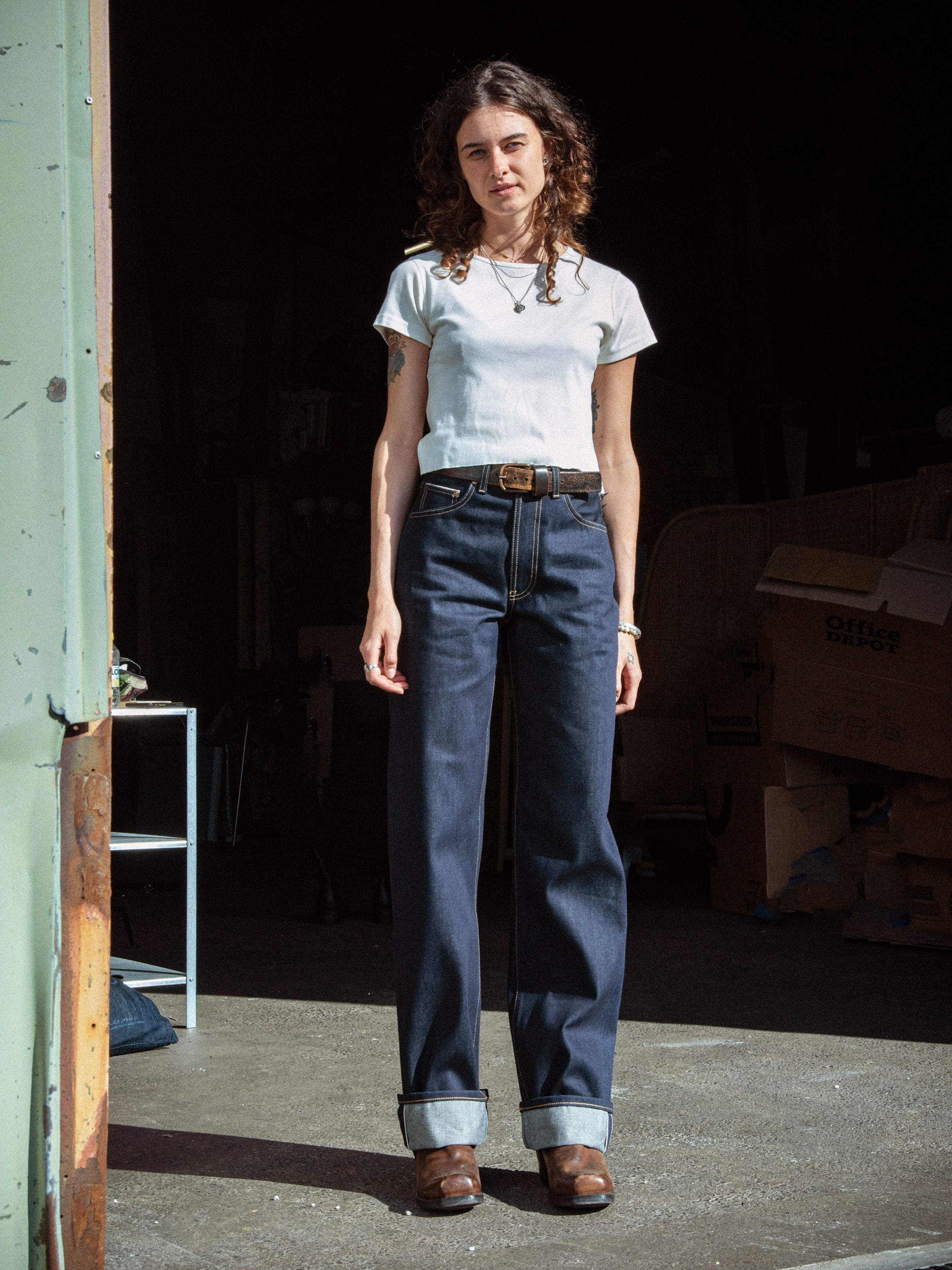 Nudie Jeans Clean Eileen Dry Twilight Selvage, wide leg jeans in blue organic cotton selvedge denim, lifestyle shot.