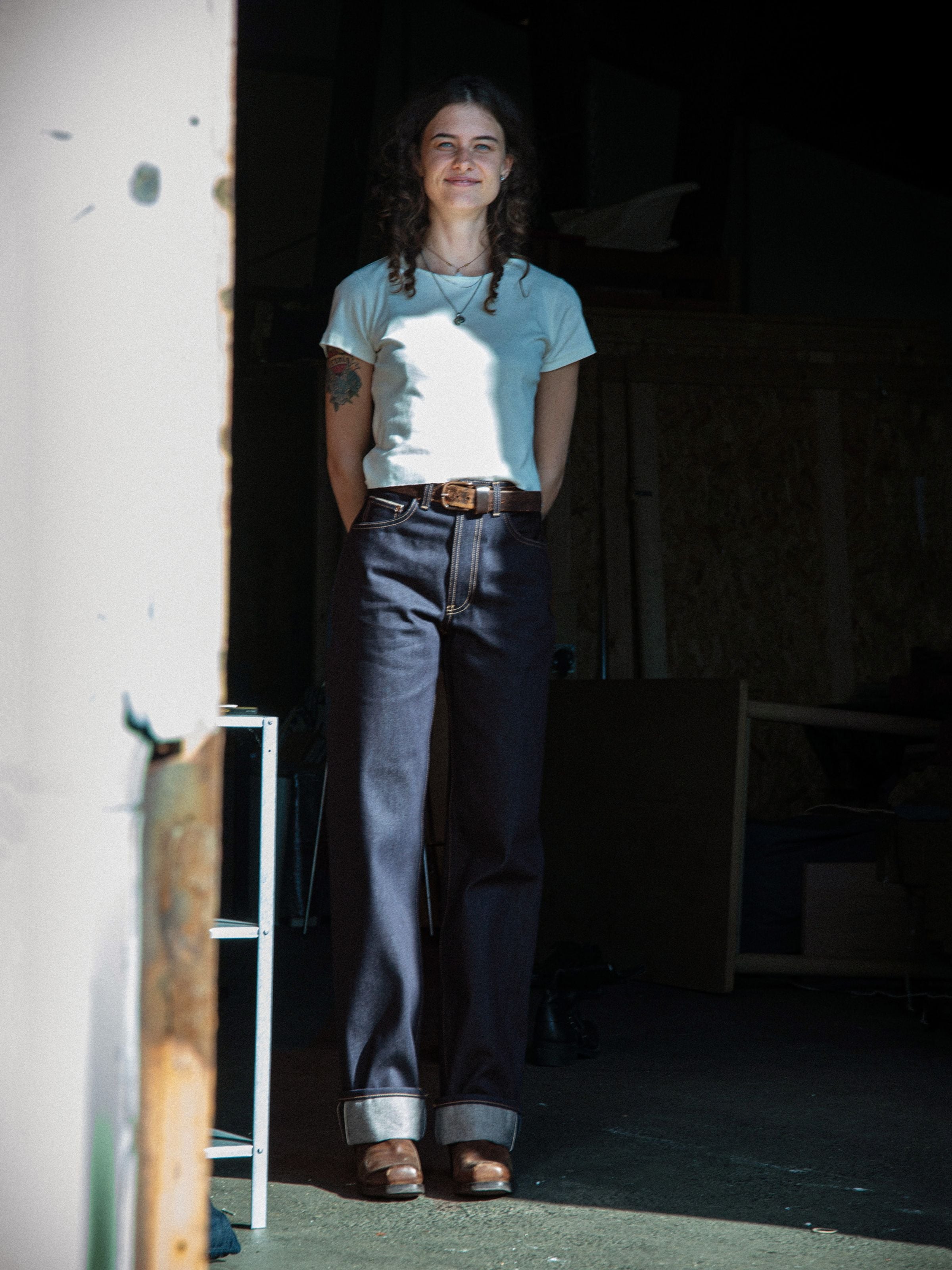 Nudie Jeans Clean Eileen Dry Twilight Selvage, women's loose fit jeans in blue organic cotton denim, shown in full shot.