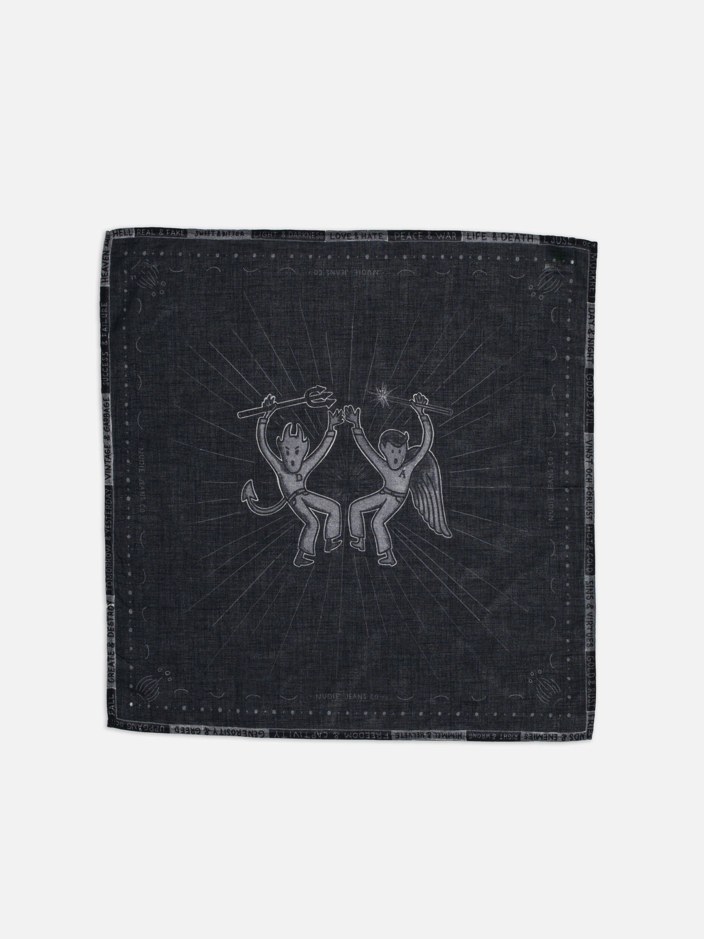 Nudie Jeans Ingrid Bandana Counterpoints Black, a unisex bandana with a graphic print, shown laid flat.