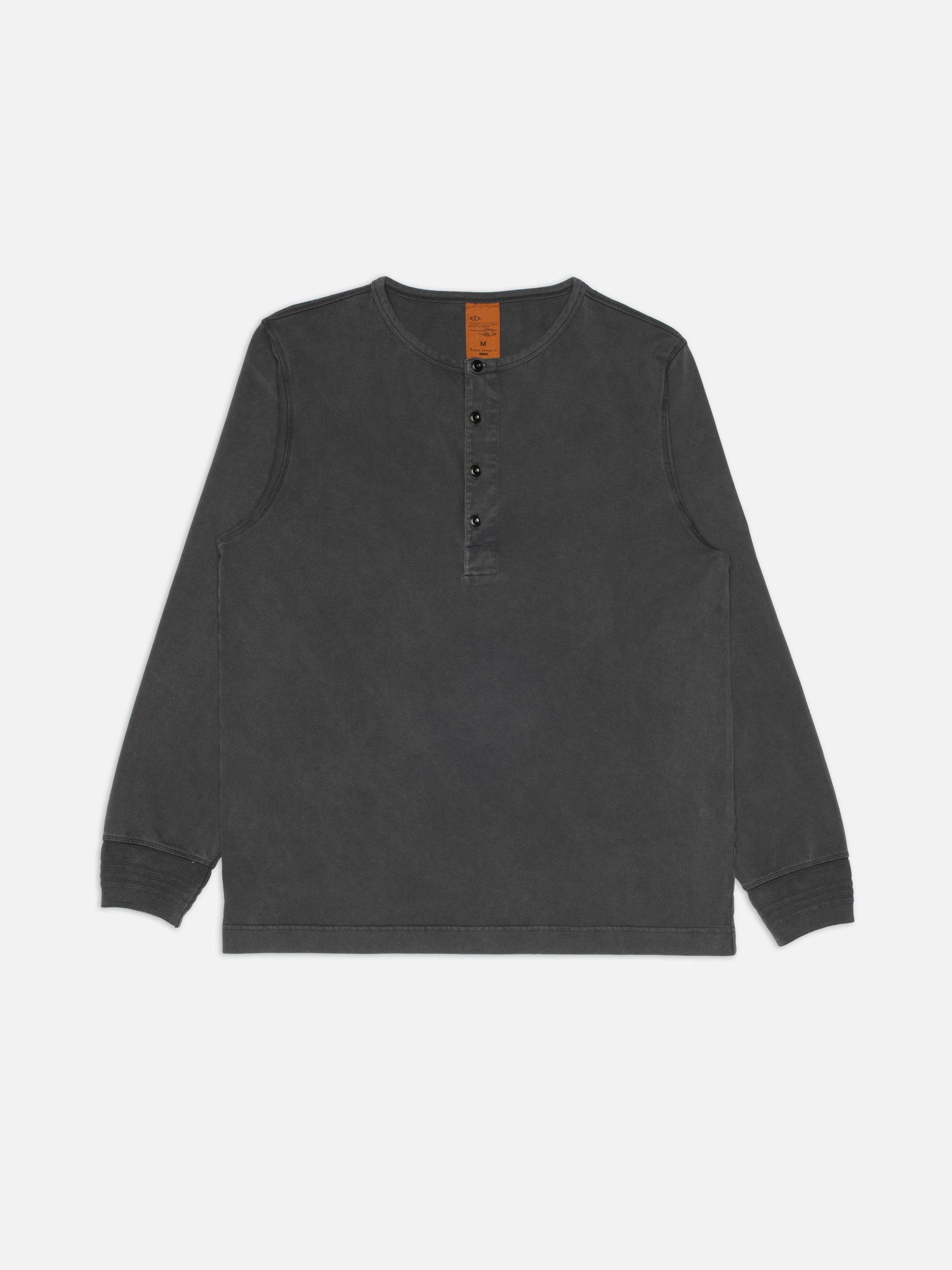 Nudie Jeans LS Henley Washed in Antracite, a regular-fit organic cotton jersey shirt shown as a flat shot.