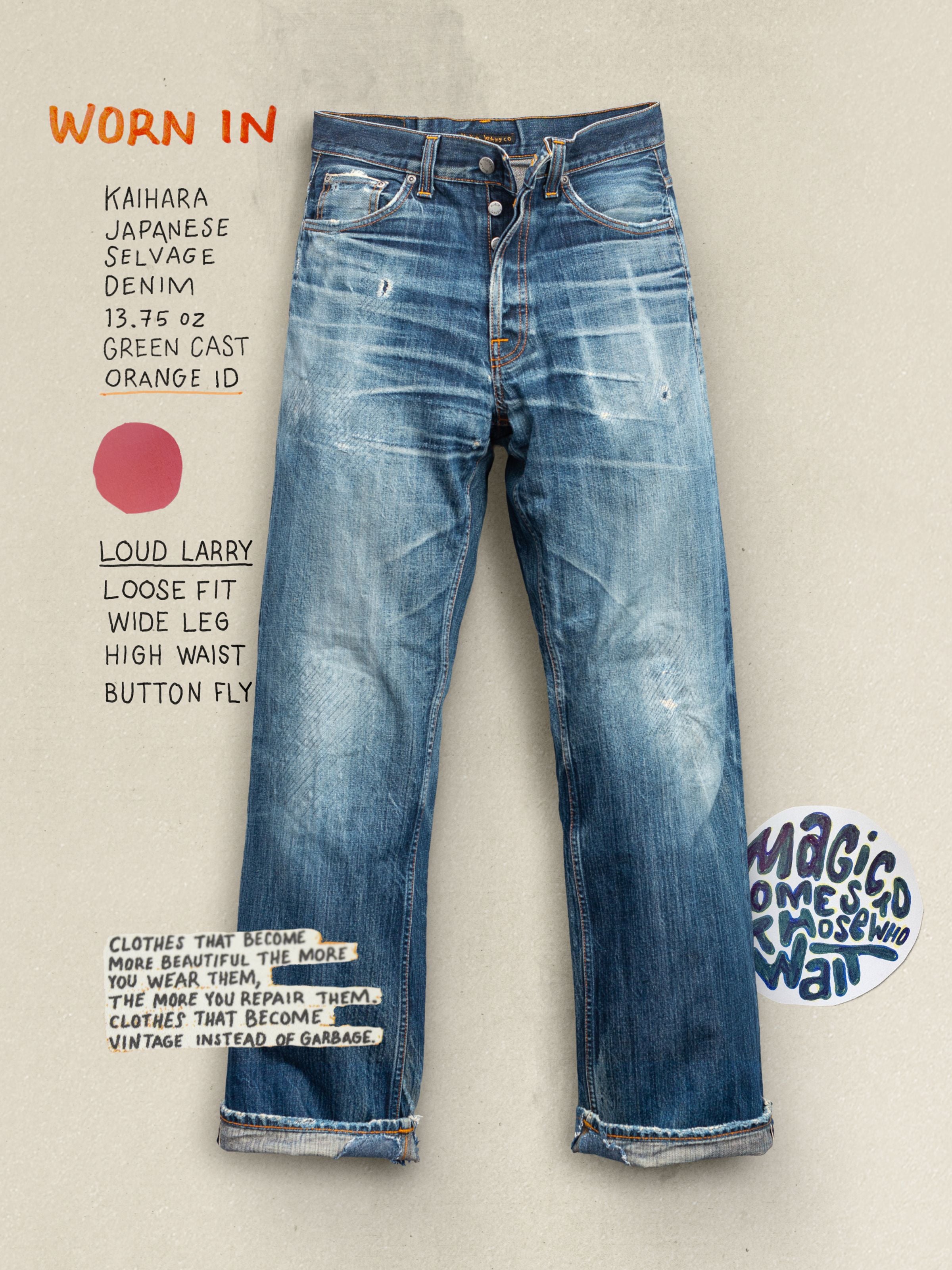 Nudie Jeans Loud Larry Dry Selvage, men's loose fit jeans, showing the worn-in blue denim texture and handwritten notes.