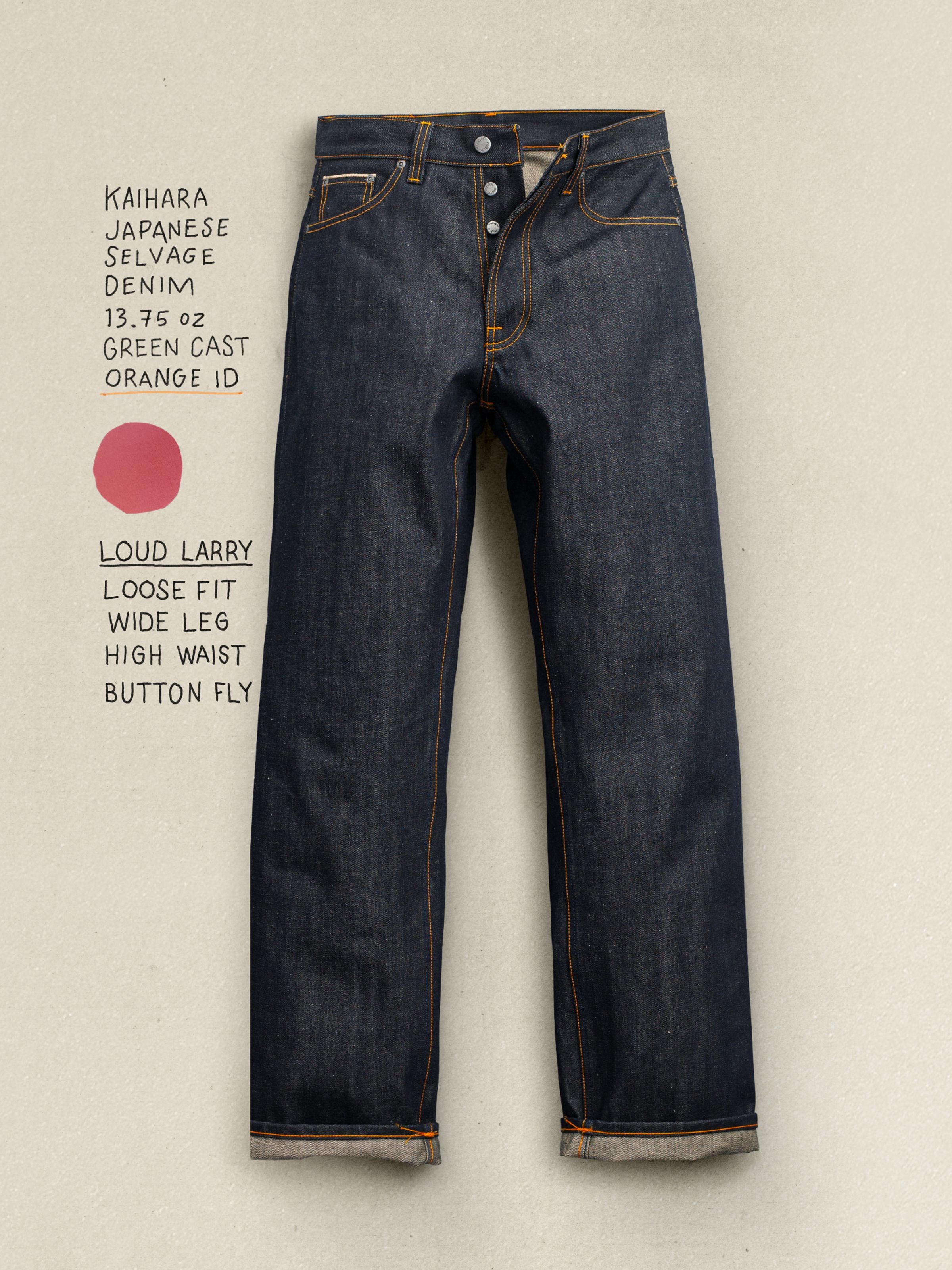 Nudie Jeans Loud Larry Dry Selvage, men's loose fit jeans, shown in a flat shot with handwritten product details.