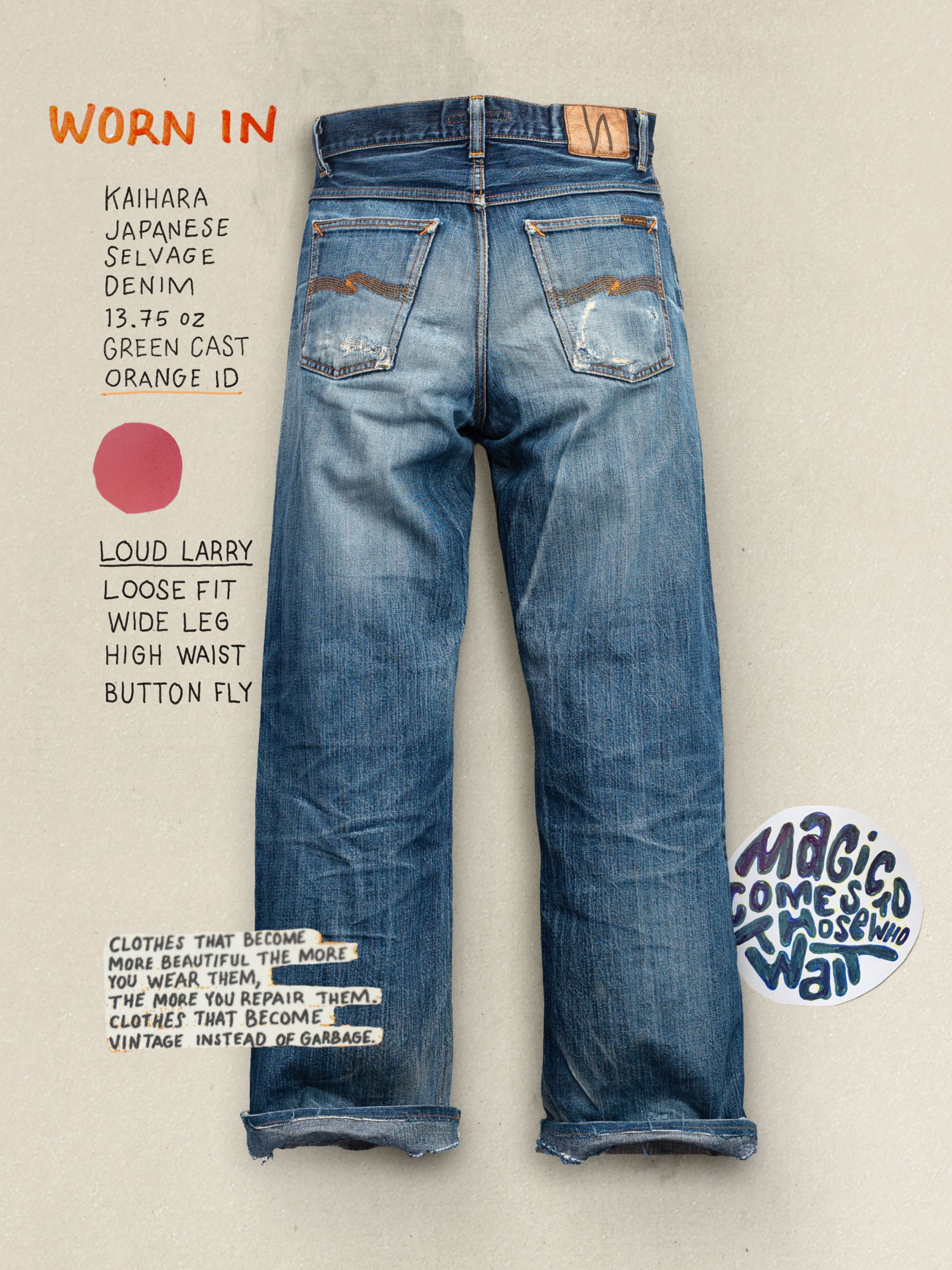 Nudie Jeans Loud Larry Dry Selvage, loose fit jeans shown from the back against a textured background with product details.