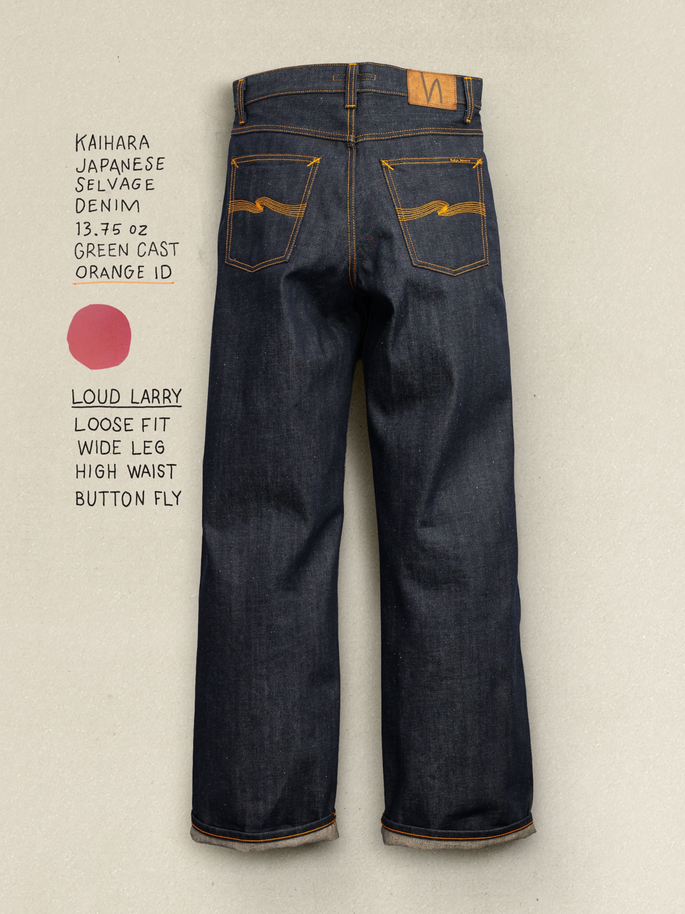 Nudie Jeans Loud Larry Dry Selvage, men's loose fit jeans shown in a back view flat shot with handwritten product details.