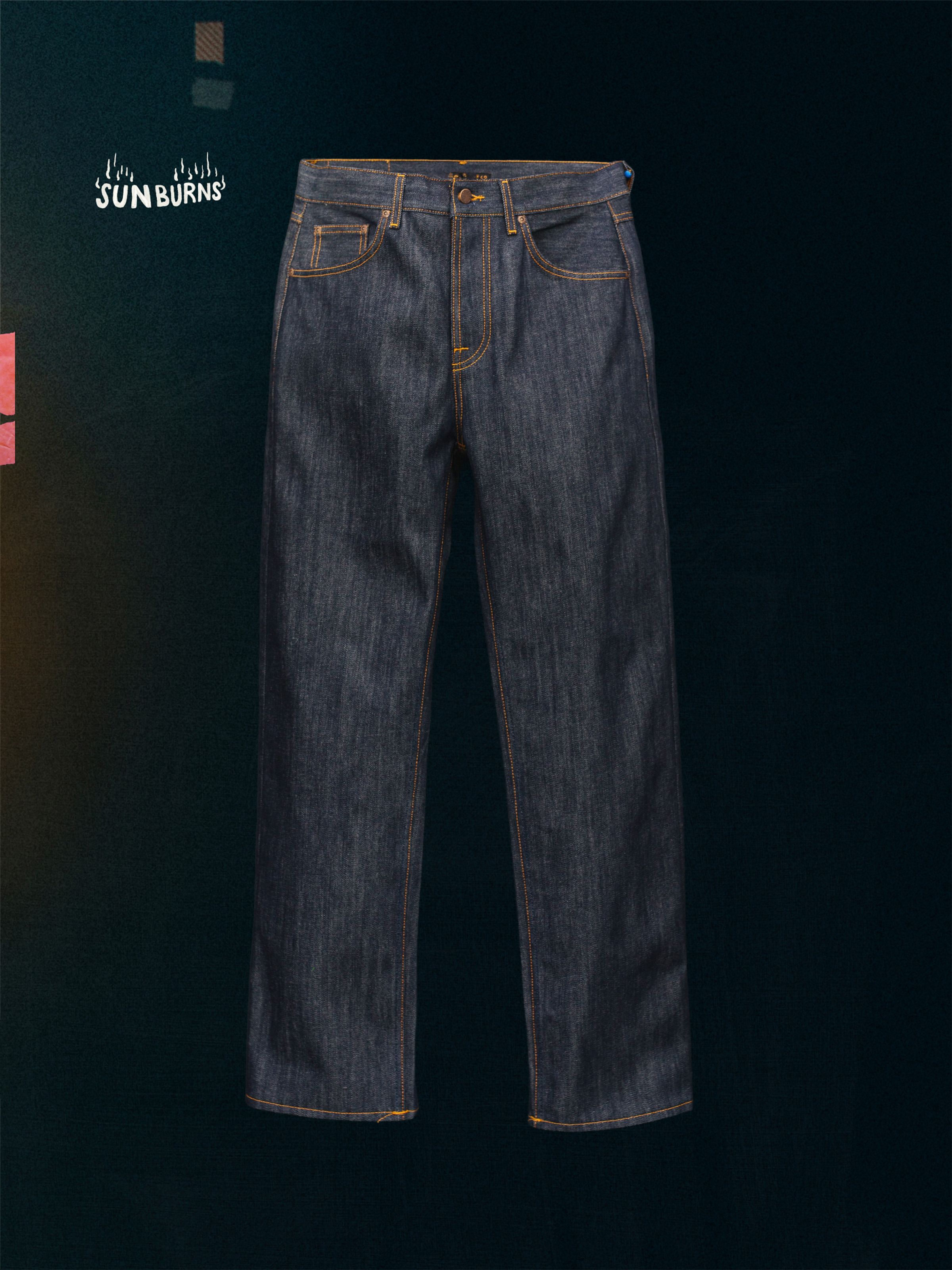 Nudie Jeans Tuff Tony Dry Sunburns, a pair of men's loose fit wide leg jeans in dry blue denim, laid flat.