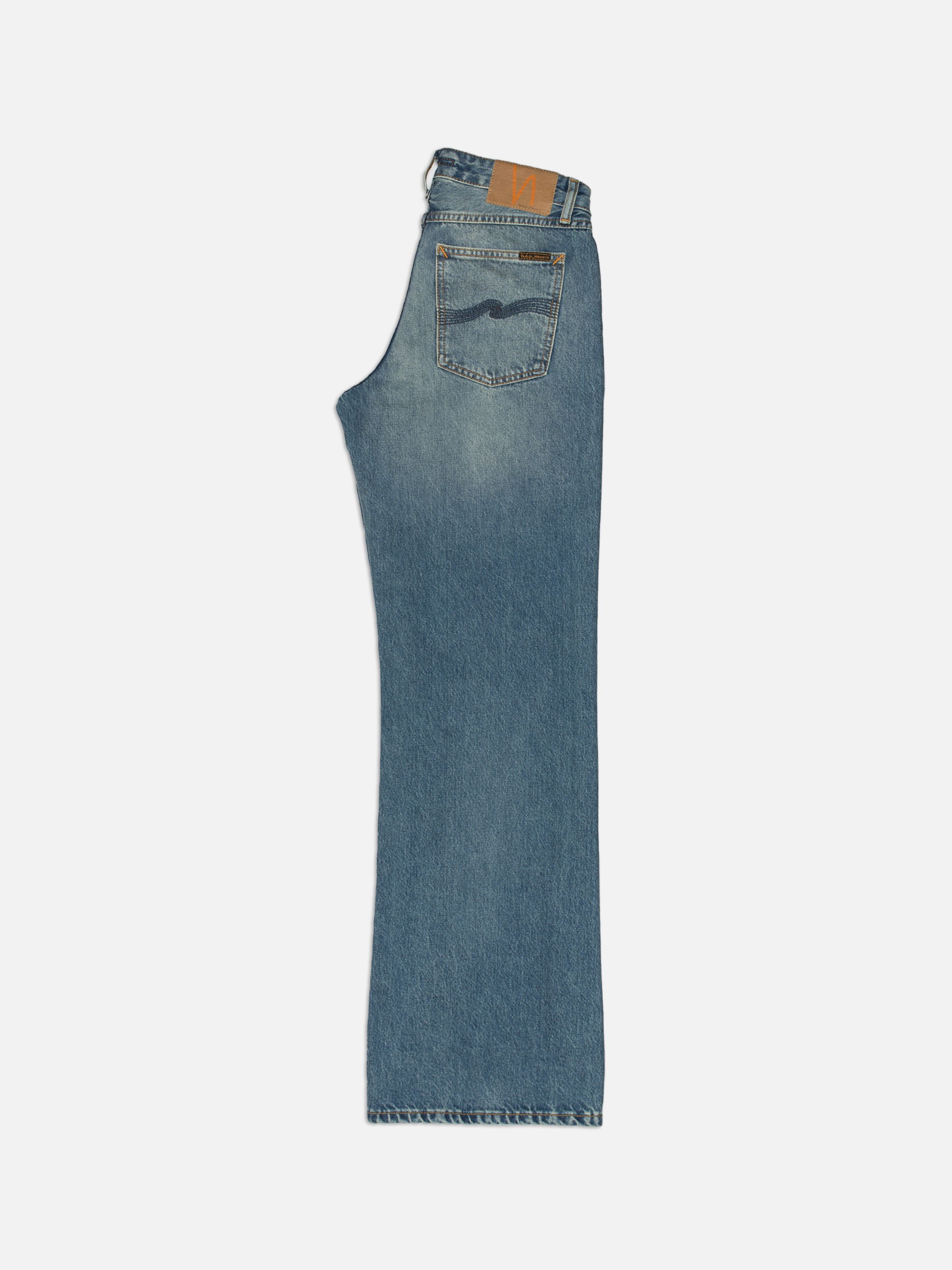 Nudie Jeans Wide Heidi in Summer Shadow, Damenjeans mit lockerer Passform und weitem Bein, halb gefaltet.