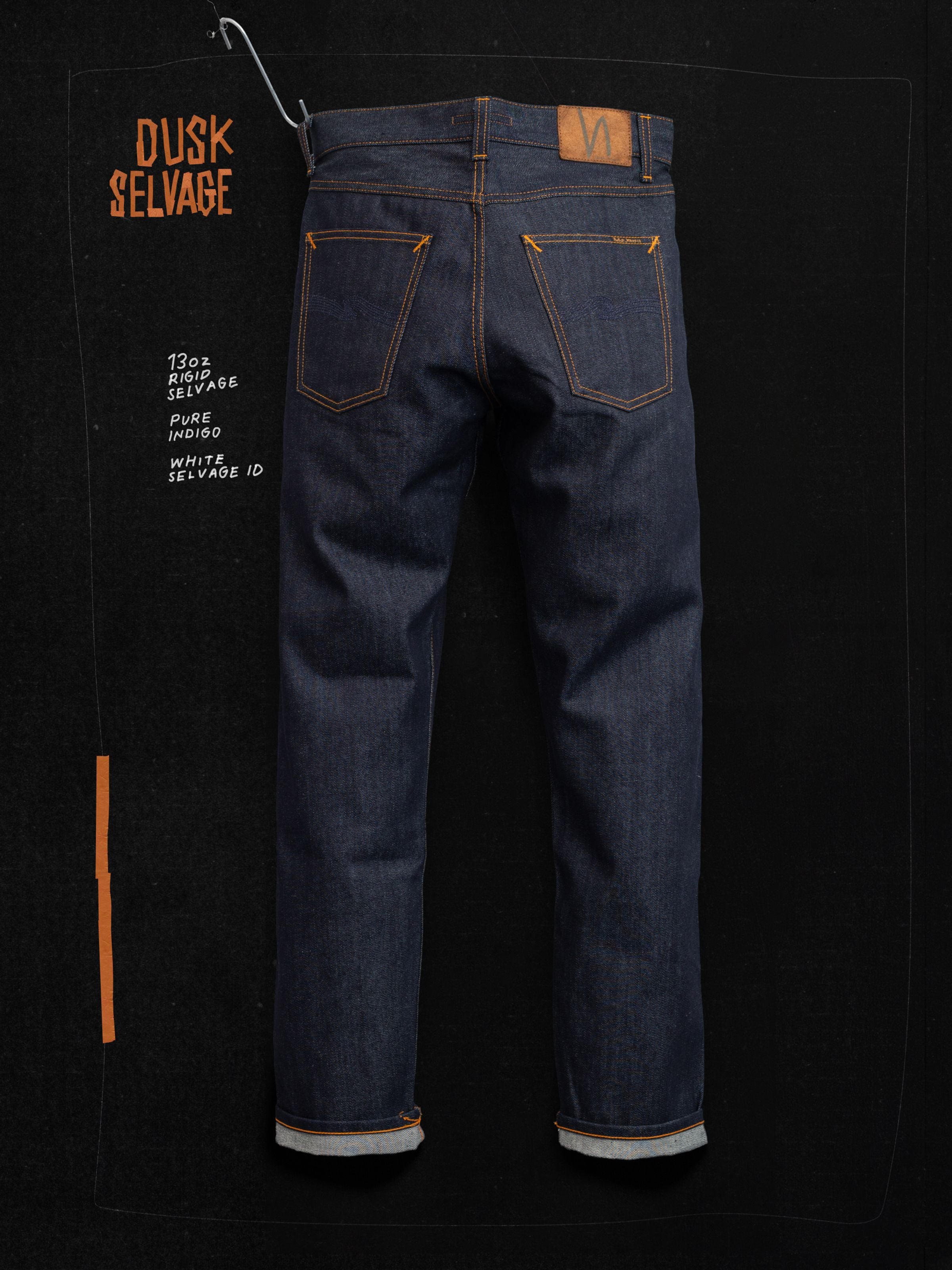 Steady Eddie II Dry Dusk Selvage, Herrenjeans mit normaler Passform aus dunklem Rigid Selvedge Denim, Ansicht der Rückseite.