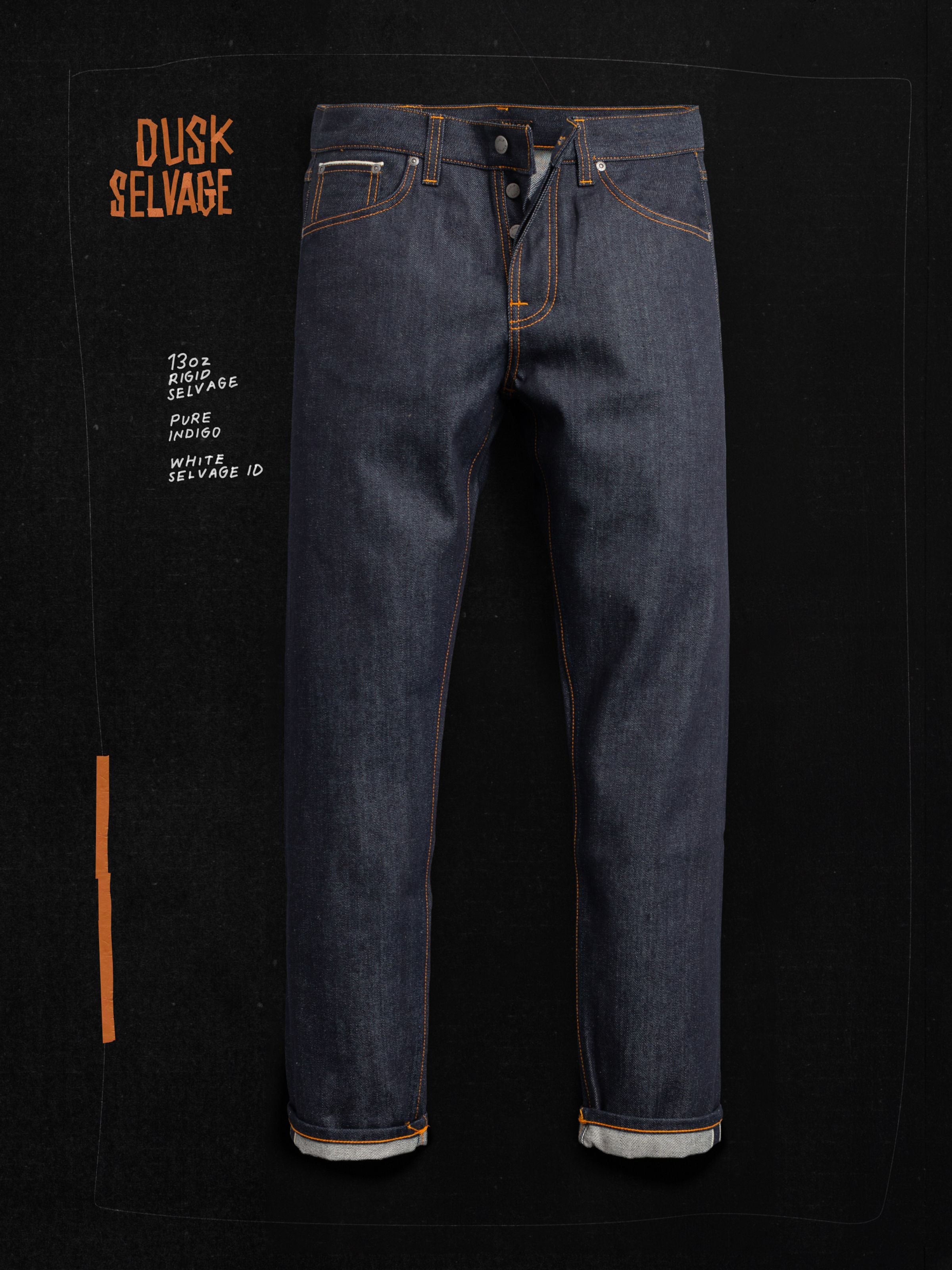 Steady Eddie II Dry Dusk Selvage, regular fit tapered men's jeans in a flat shot on a dark background with text.