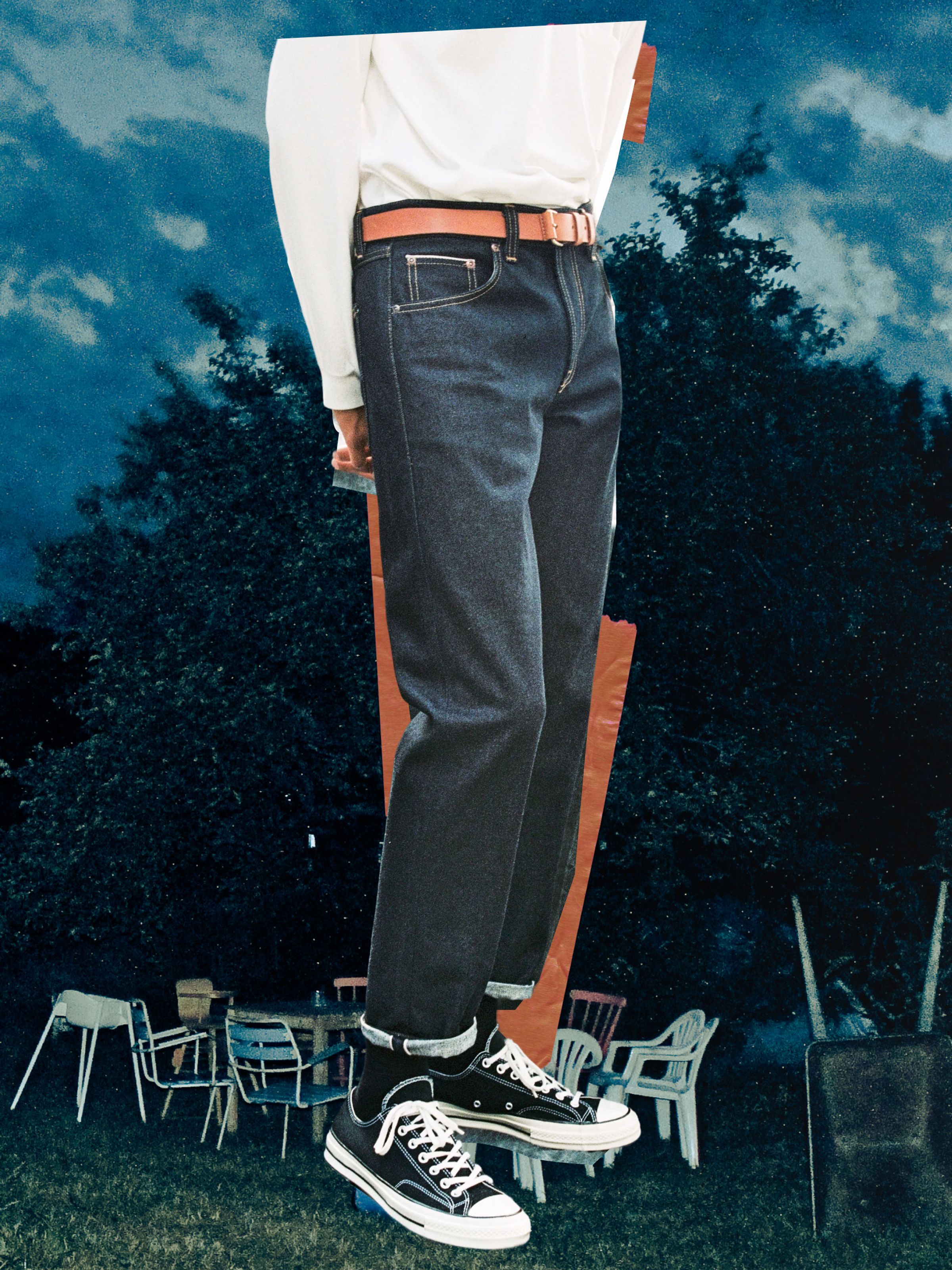 Nudie Jeans Steady Eddie II Dry Dusk Selvage, men's regular tapered jeans, shown on a model from the waist down.