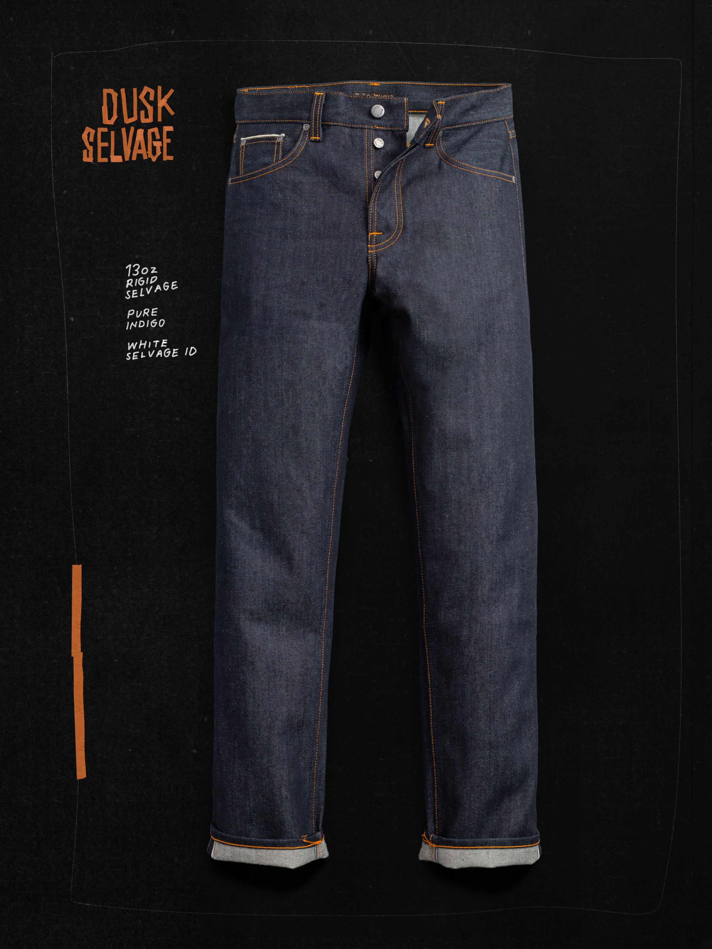 Rad Rufus Dry Dusk Selvedge, men's straight leg jeans in indigo, shown in a flat shot against a dark background.