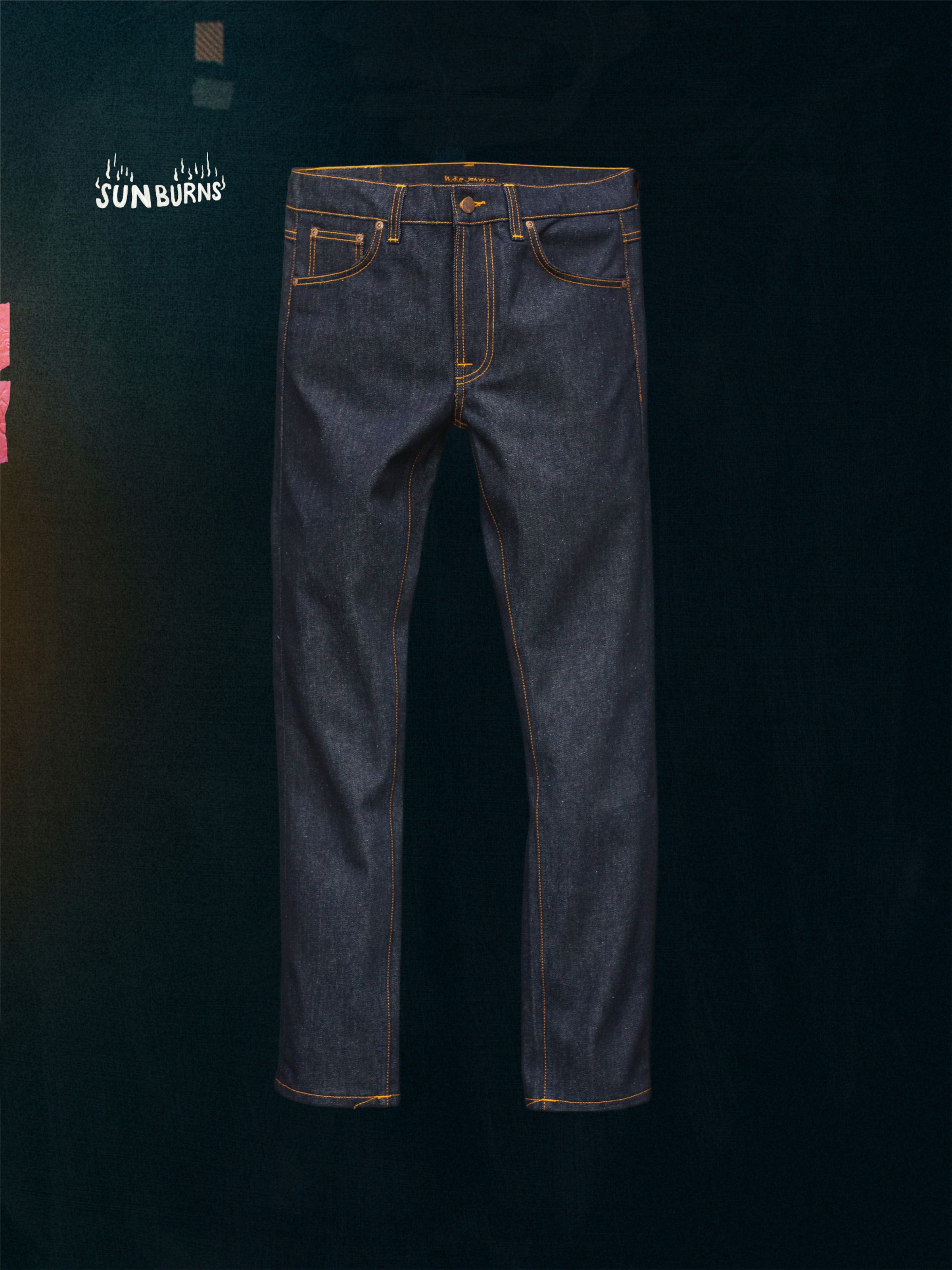 Nudie Jeans Lean Dean Dry Sunburns, a pair of men's slim tapered fit jeans in dry blue denim, shown laid flat.