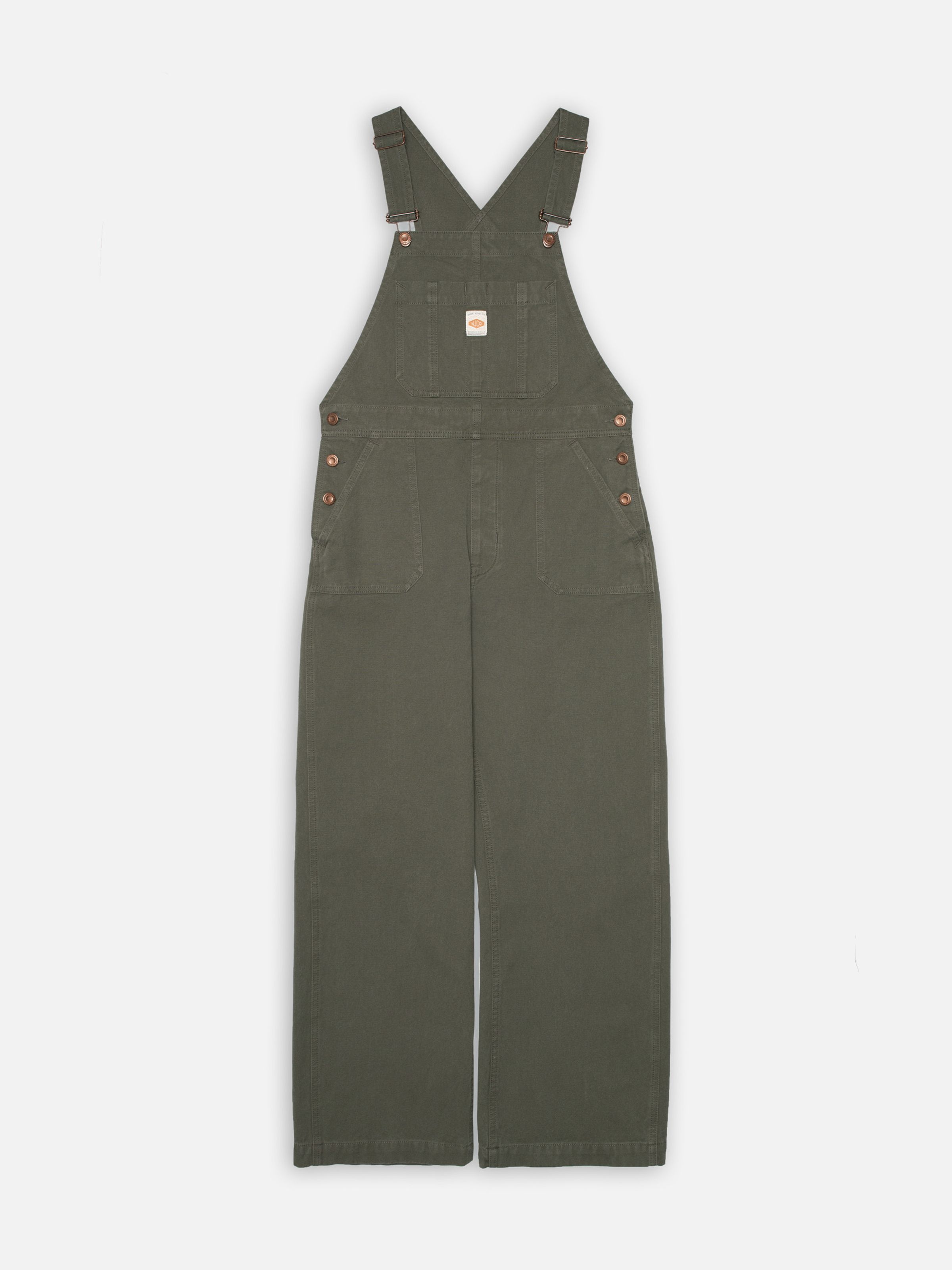 Nudie Jeans Klara Duck Canvas Latzhose in Grün, Damen-Latzhose mit regulärer Passform und geradem Bein, flach liegend.