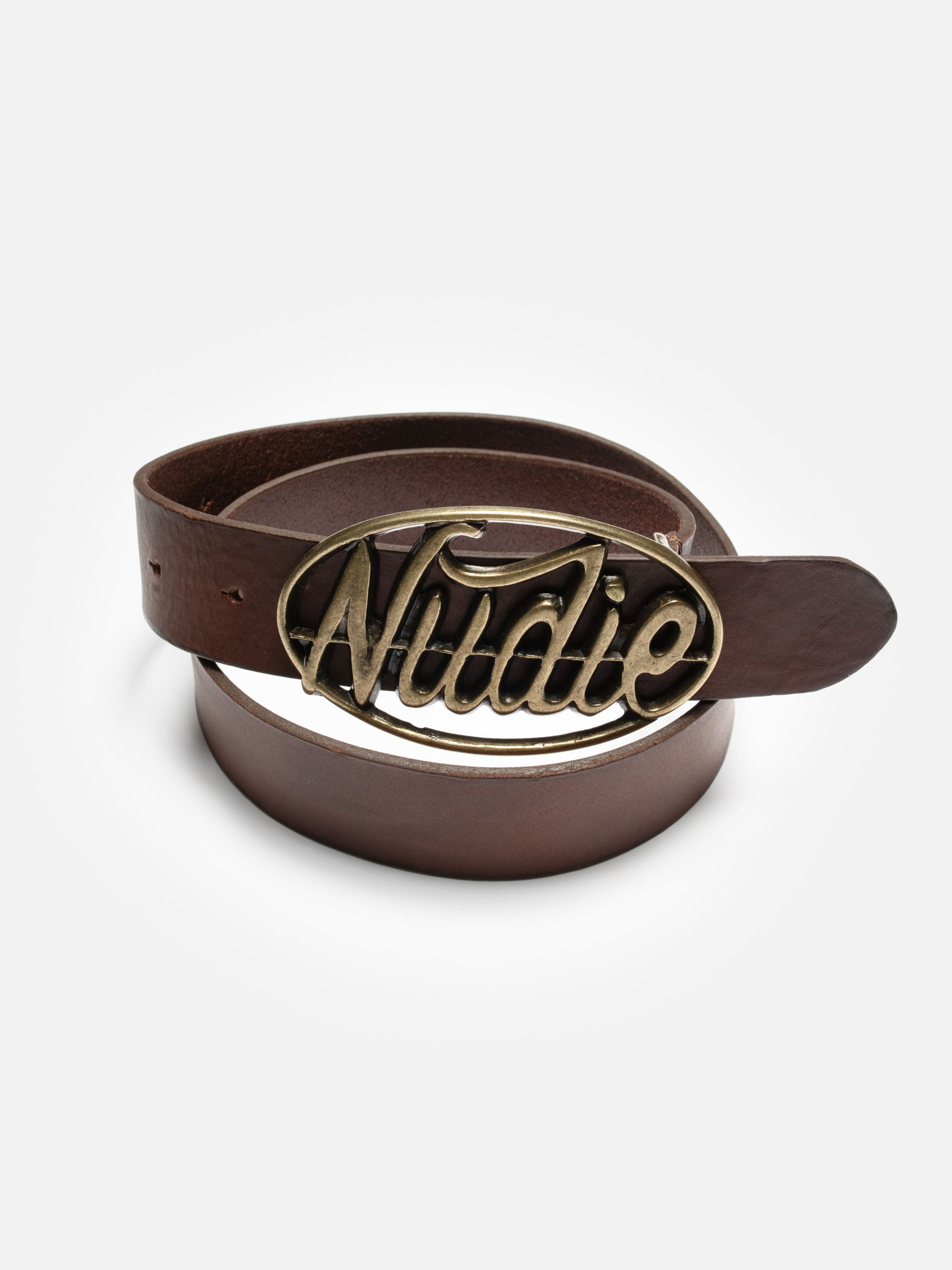 Nudie Jeans Nudie Buckle Leather Belt in Dark Brown, a men's leather belt with a brass logo buckle, shown laid flat.