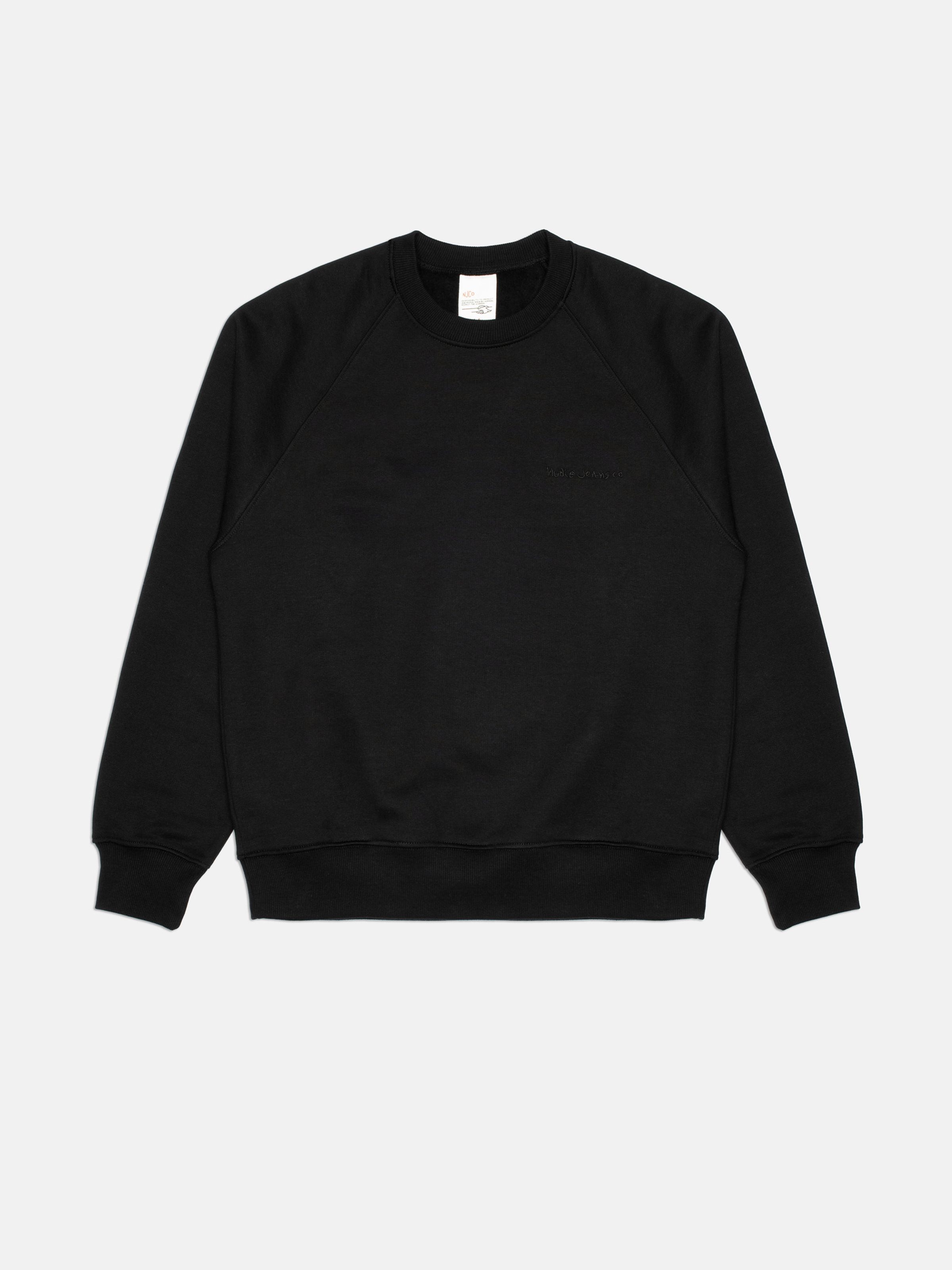 Nudie Jeans Palle Logo Sweatshirt Black, men's regular fit sweatshirt shown in a flat lay from the front.