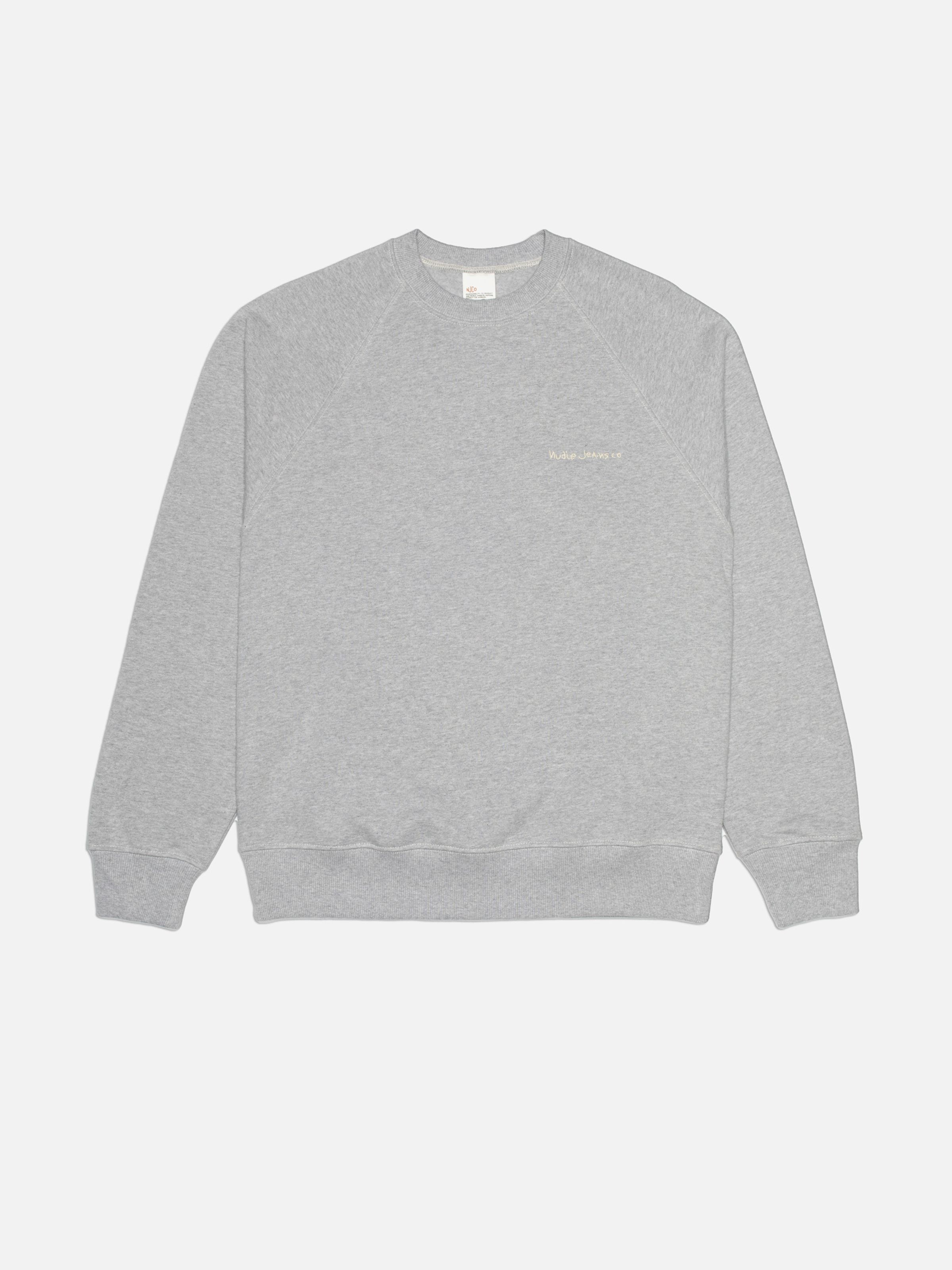 Nudie Jeans Palle Logo Sweatshirt Greymelange, men's regular fit sweatshirt shown laid flat.