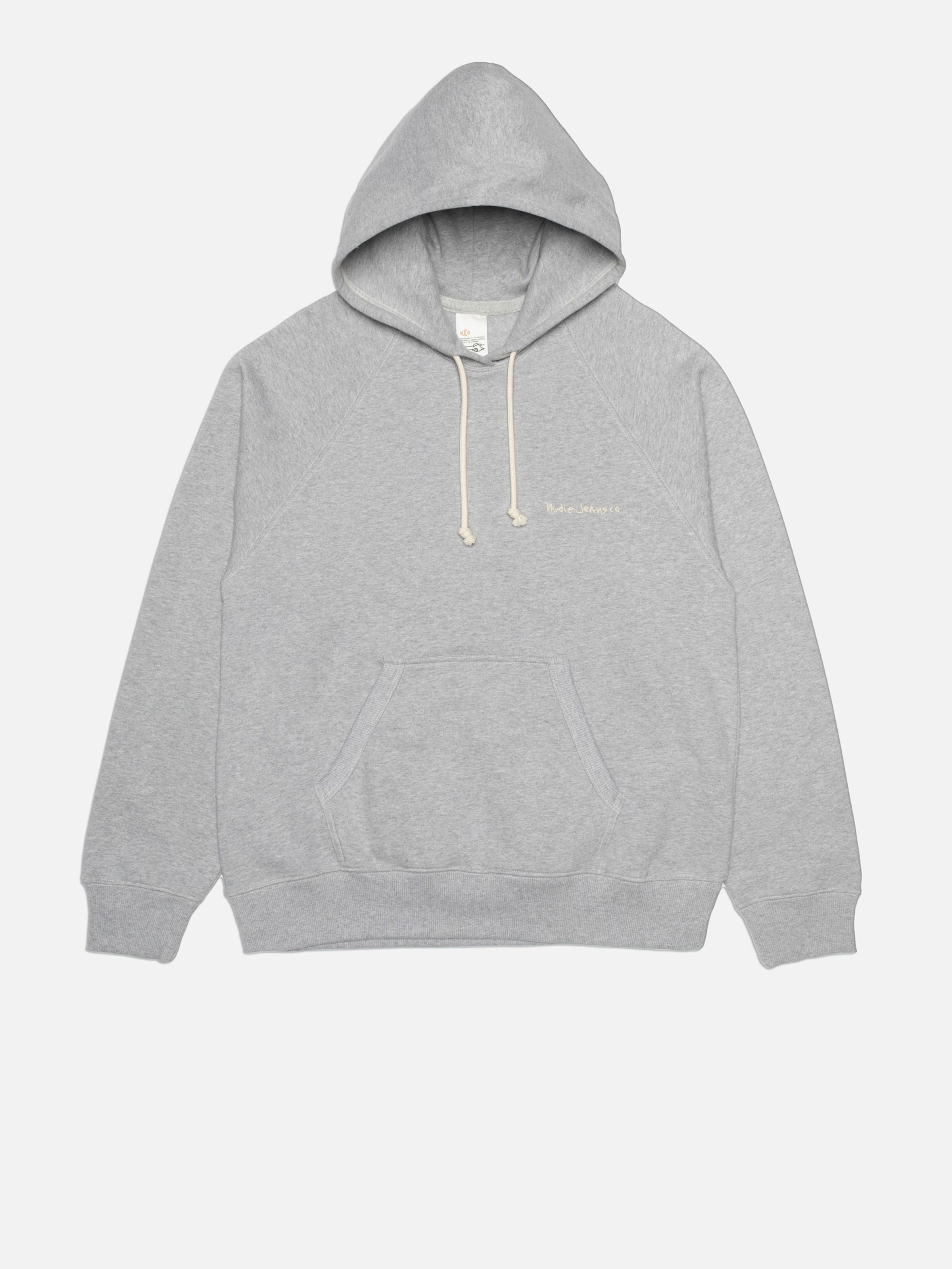 Nudie Jeans Gunde Logo Hoodie in Greymelange, a men's regular fit hoodie laid flat to show the front.