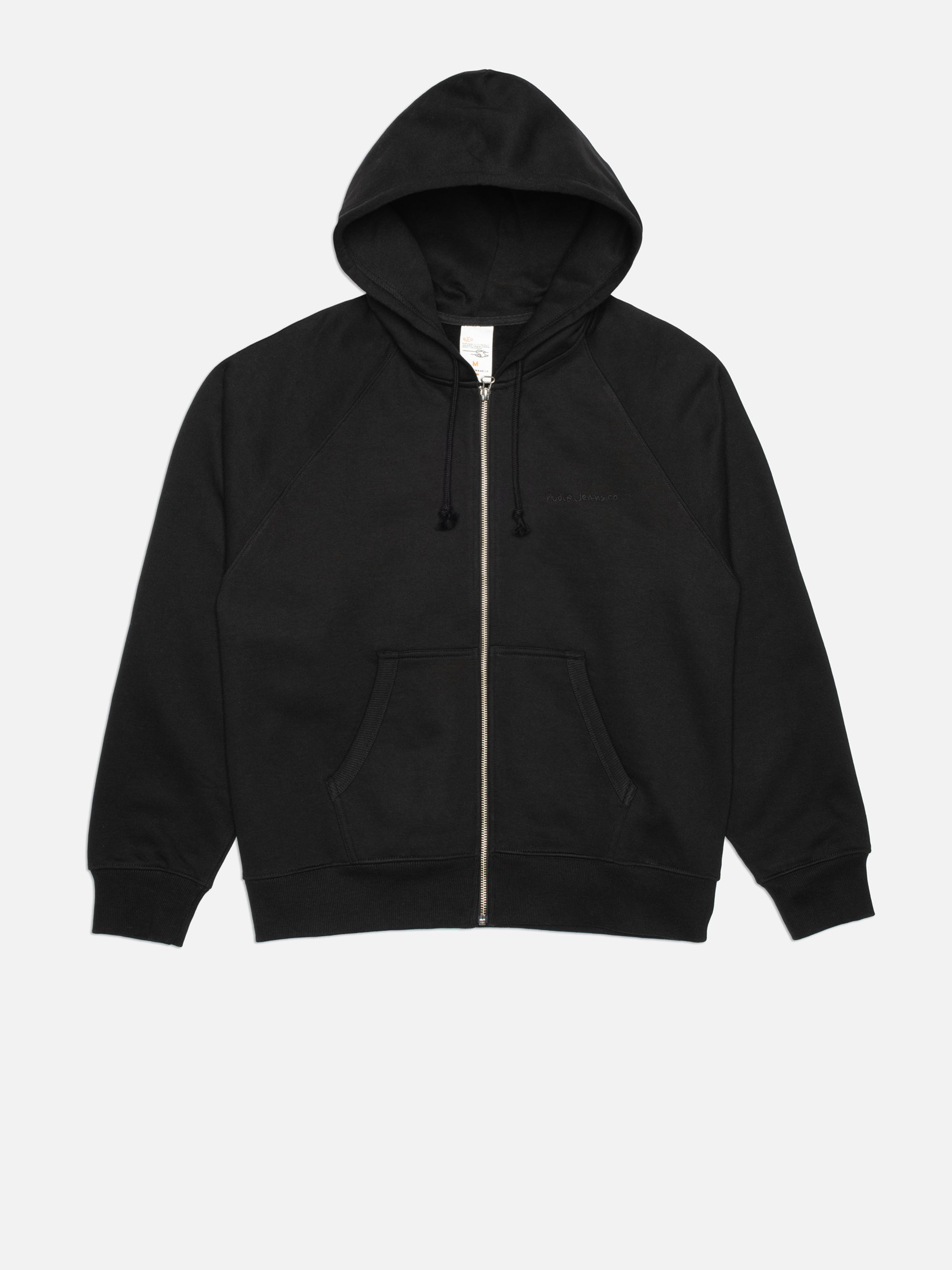 Nudie Jeans Gunde Logo Zip Hoodie in Black, a flat shot of the men's hoodie.