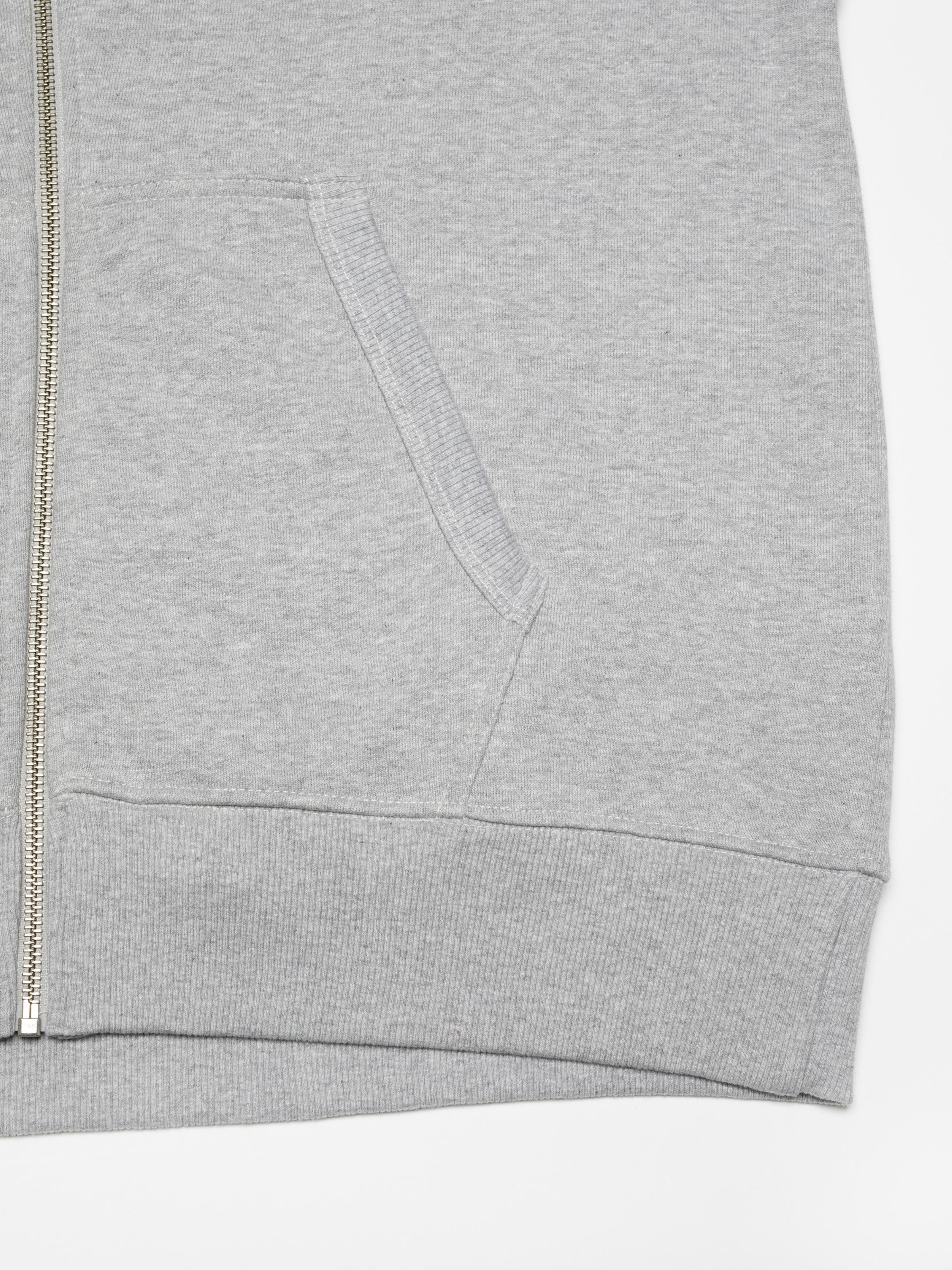 Nudie Jeans Gunde Logo Zip Hoodie in Greymelange, close-up of the front kangaroo pocket and ribbed hem.