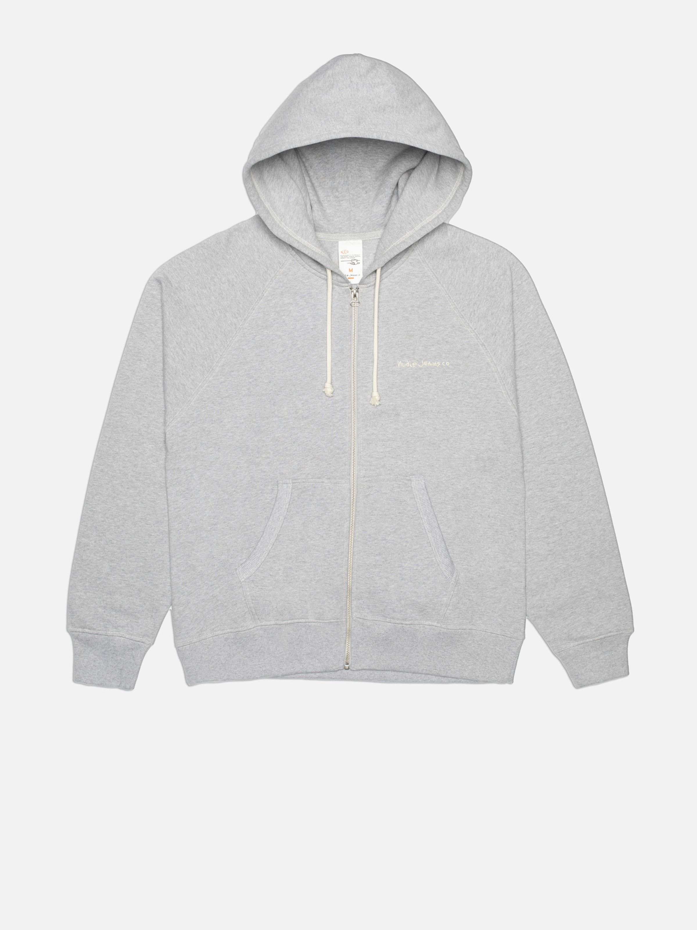 Nudie Jeans Gunde Logo Zip Hoodie in Greymelange, men's zip hoodie shown in a flat lay from the front.
