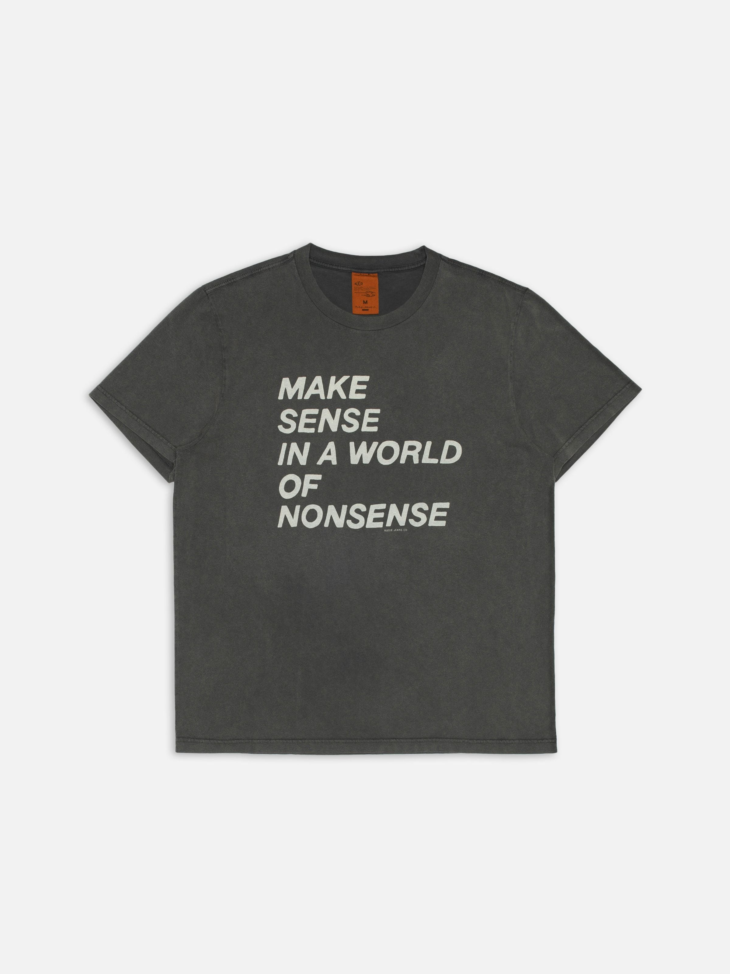 Nudie Jeans Roy T-Shirt Make Sense in Antracite, men's organic cotton t-shirt with a chest print, flatshot view.