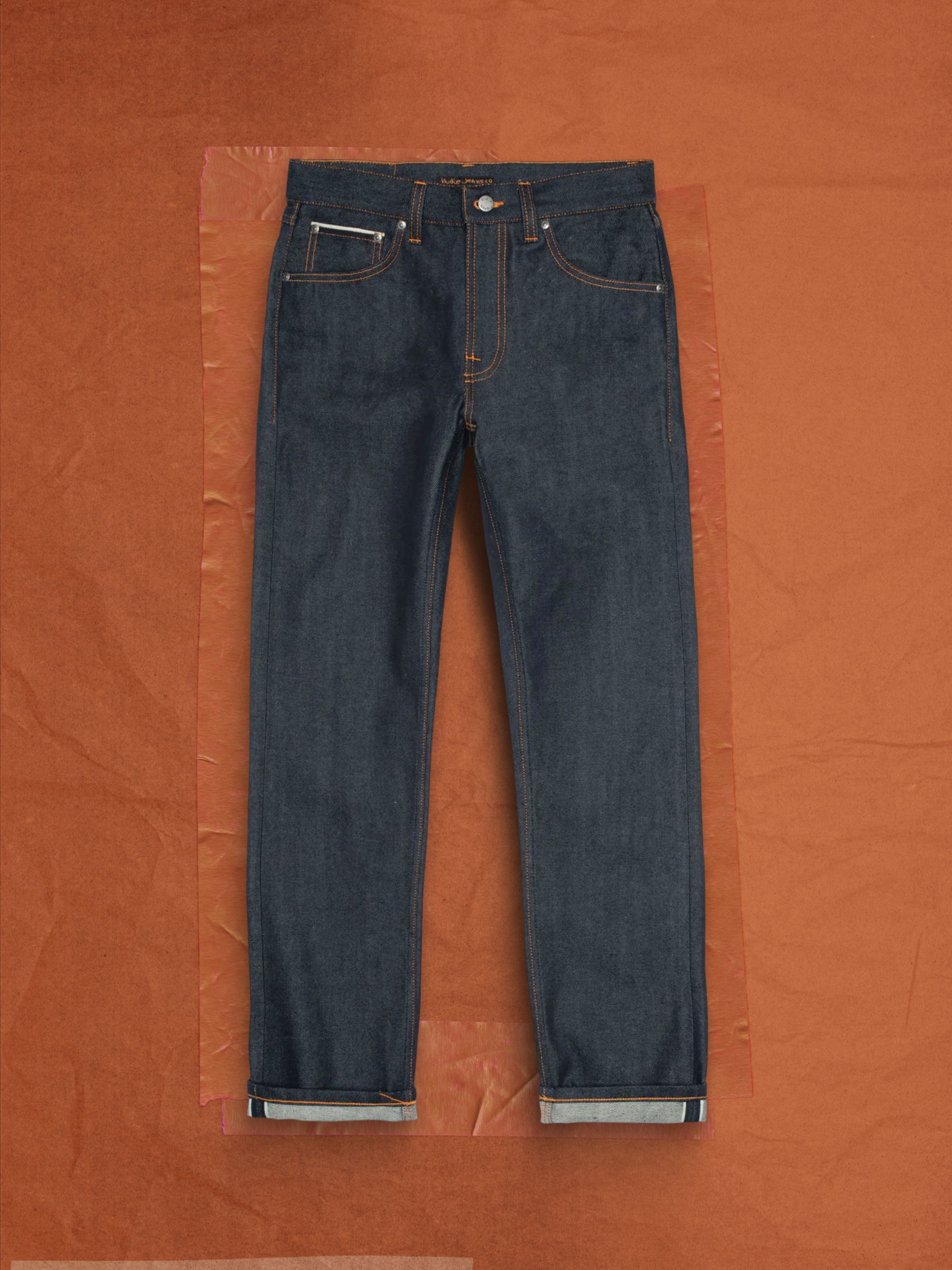Nudie Jeans Gritty Jackson Dry Dusk Selvage, men's regular straight jeans, laid flat from the front.