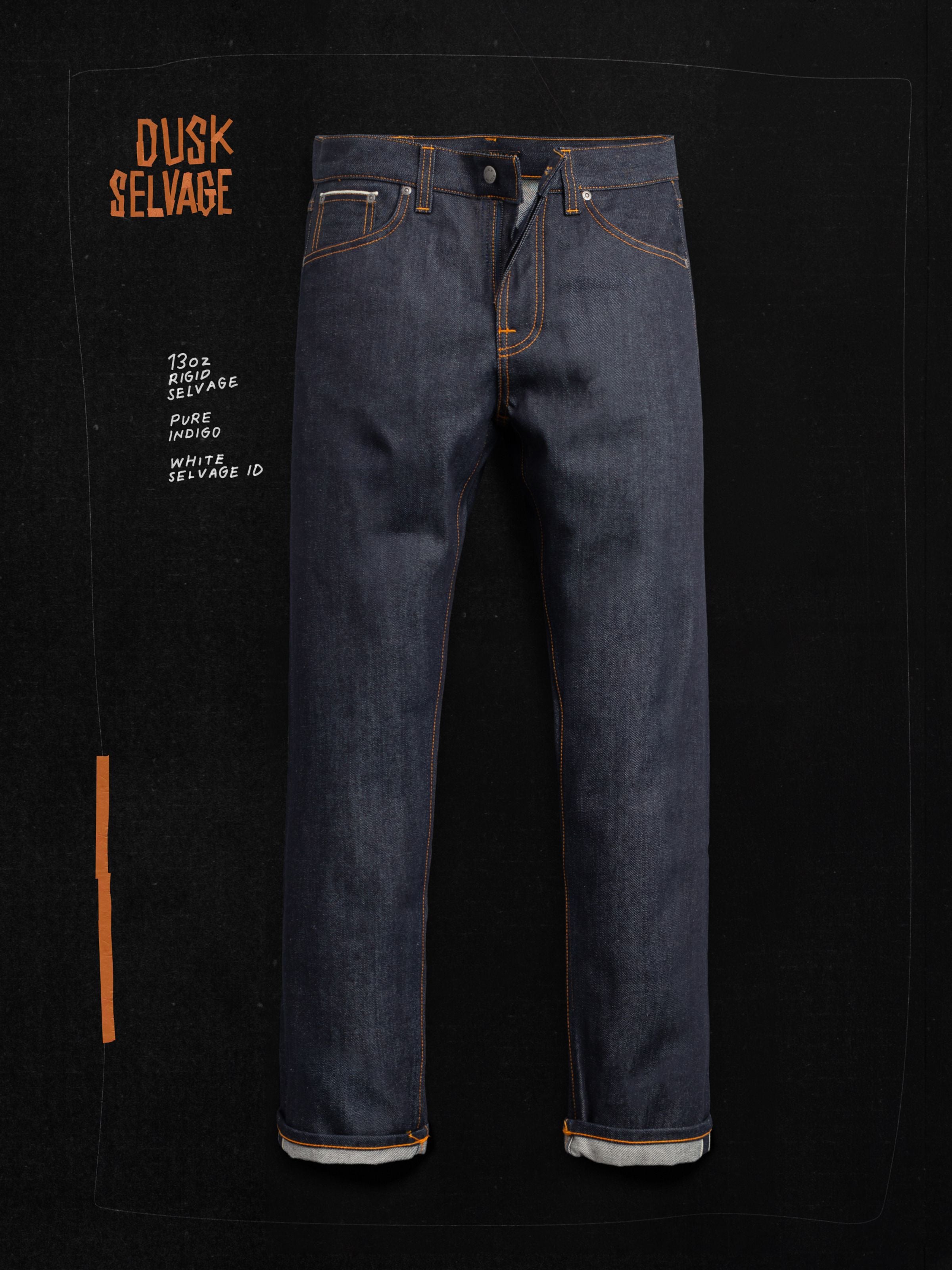 Gritty Jackson Dry Dusk Selvage, men's regular fit jeans shown in a flat shot against a dark background with text elements.