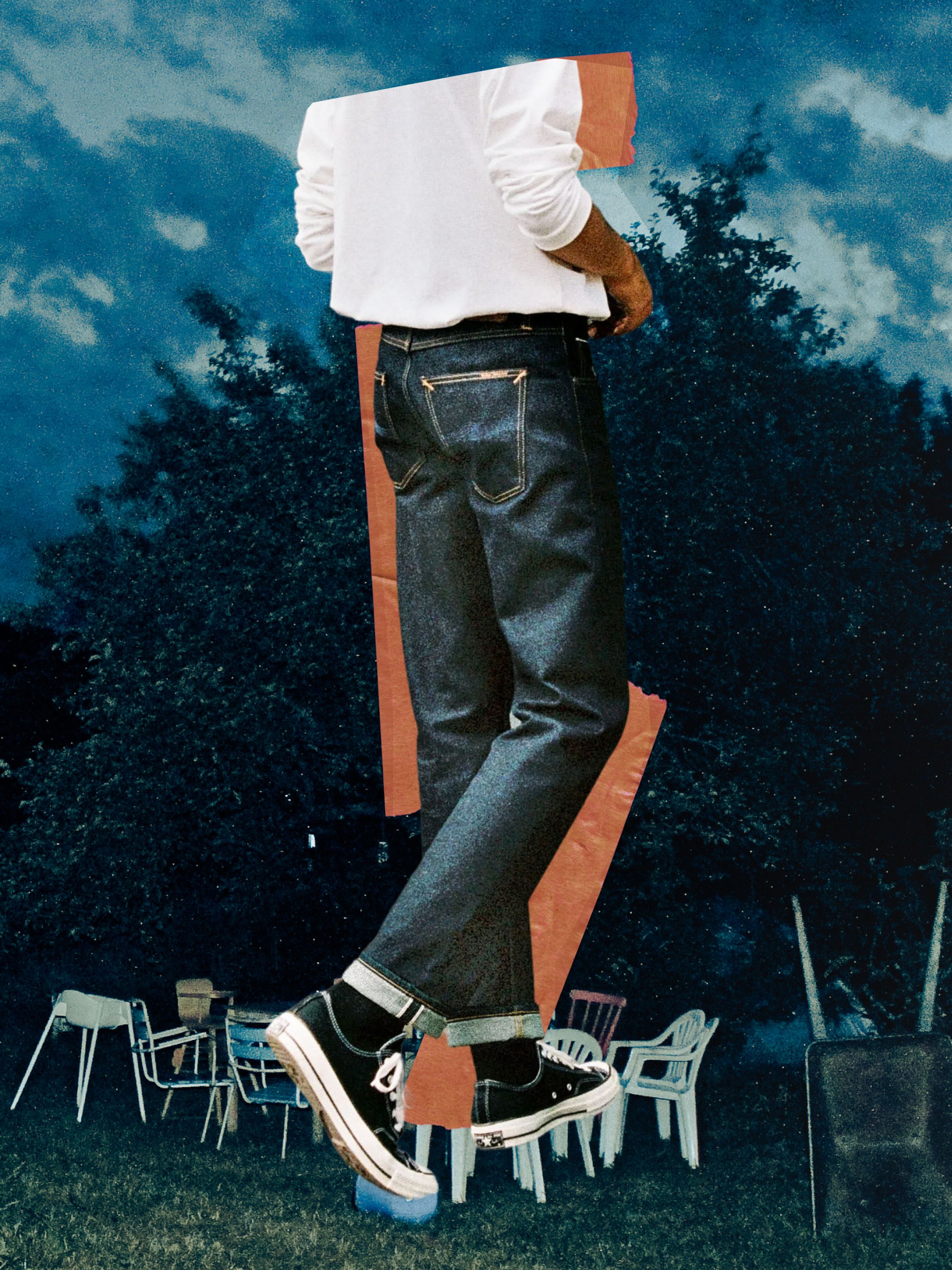 Nudie Jeans Gritty Jackson Dry Dusk Selvage, men's regular fit jeans shown from the back on a model in an artistic setting.