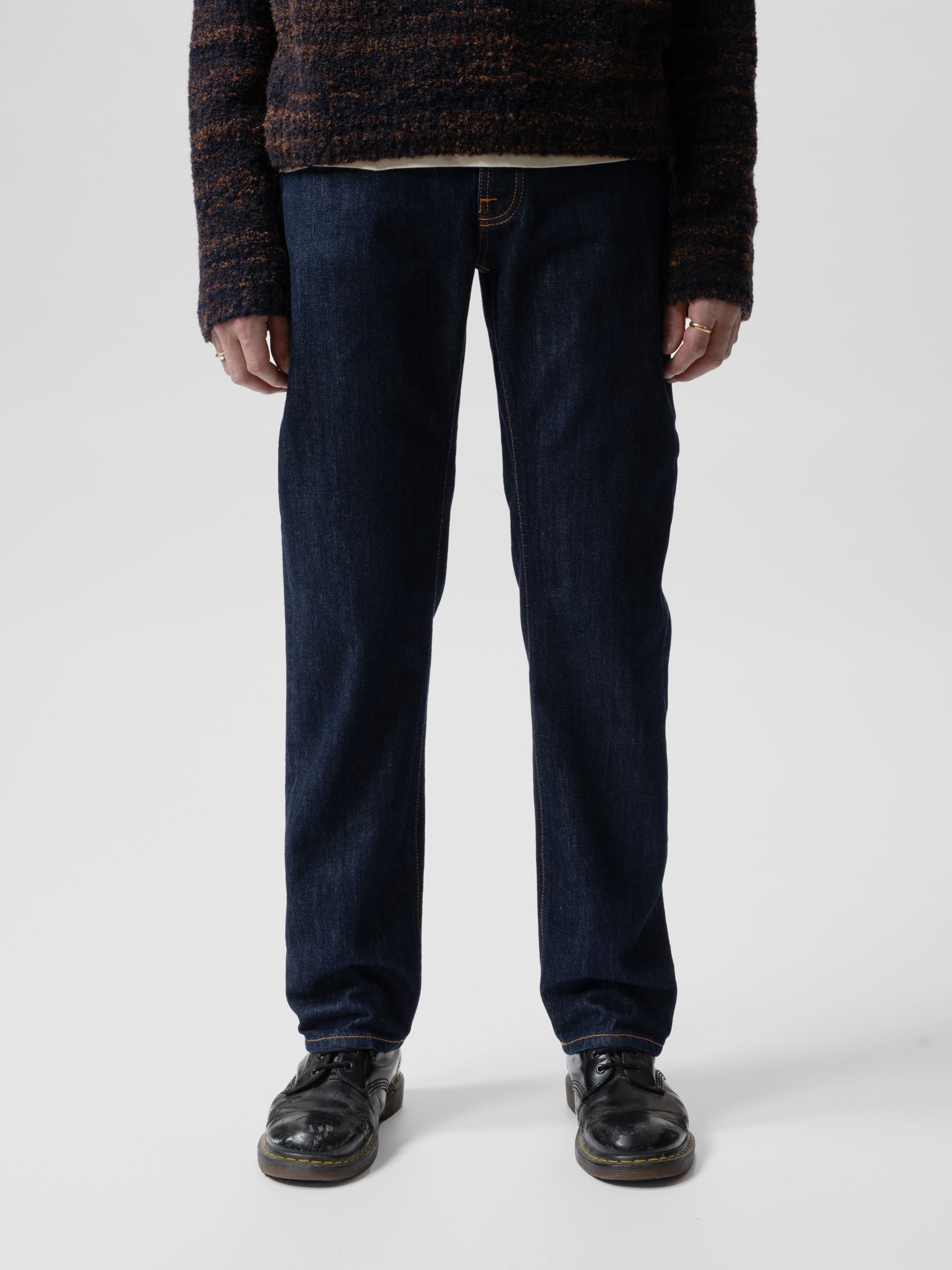 Nudie Jeans Rad Rufus in Blue One Wash, a men's regular fit jean shown on a model from the front.