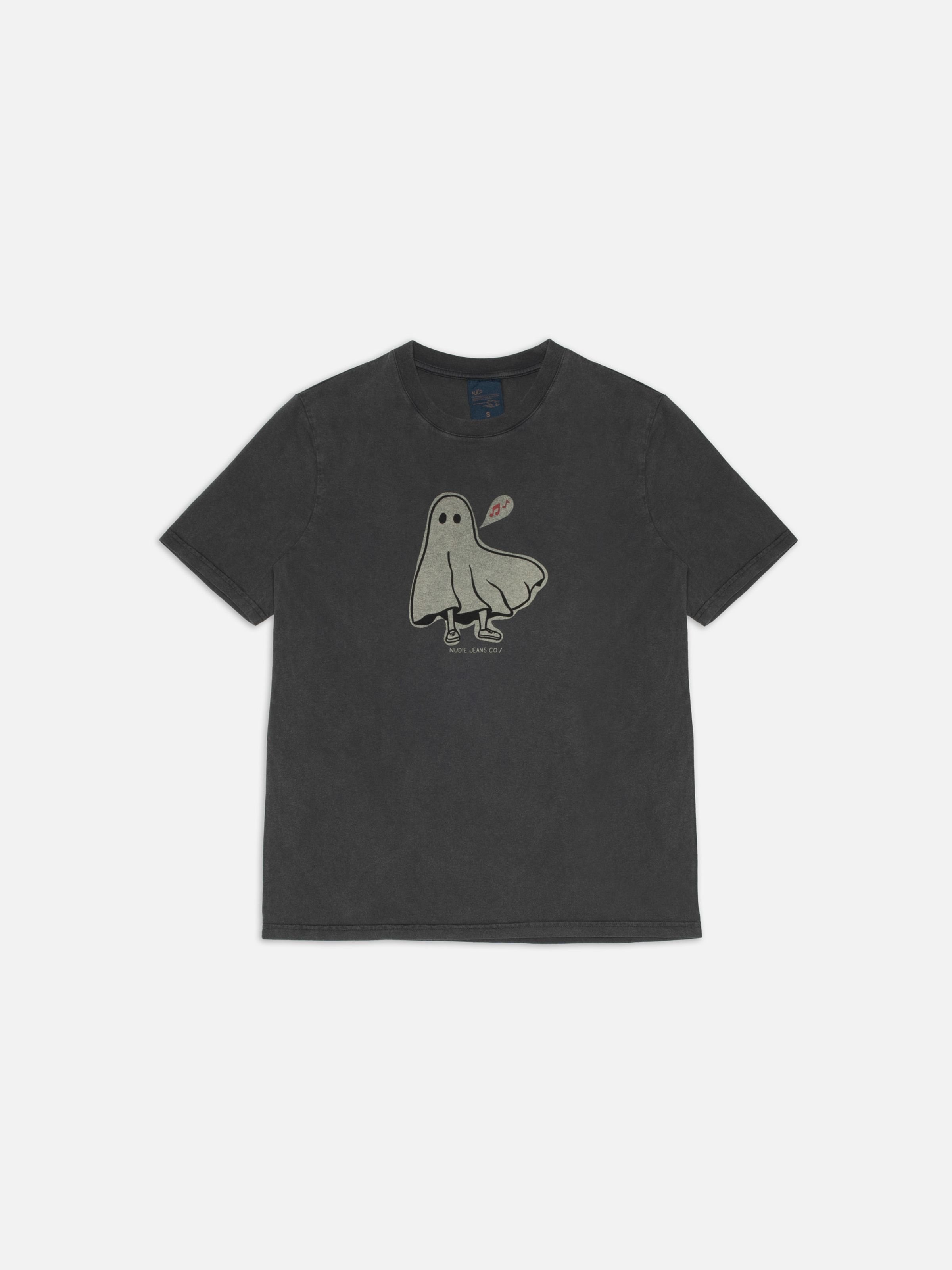 Nudie Jeans Joni Pale Ghost T-Shirt, a women's regular fit t-shirt in antracite, shown laid flat.
