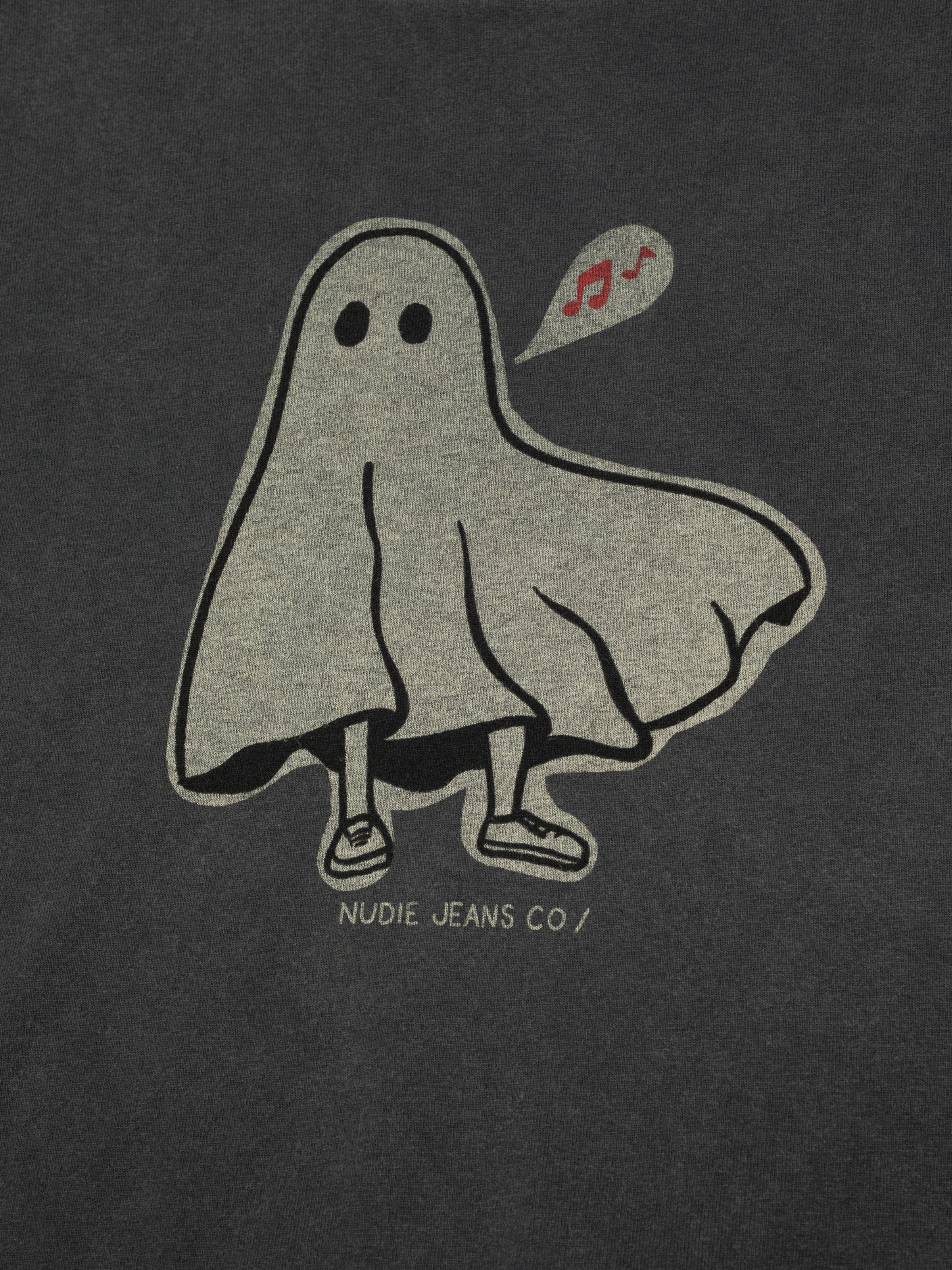 Nudie Jeans Joni Pale Ghost T-Shirt in Antracite, showing a close-up of the ghost print on the chest.