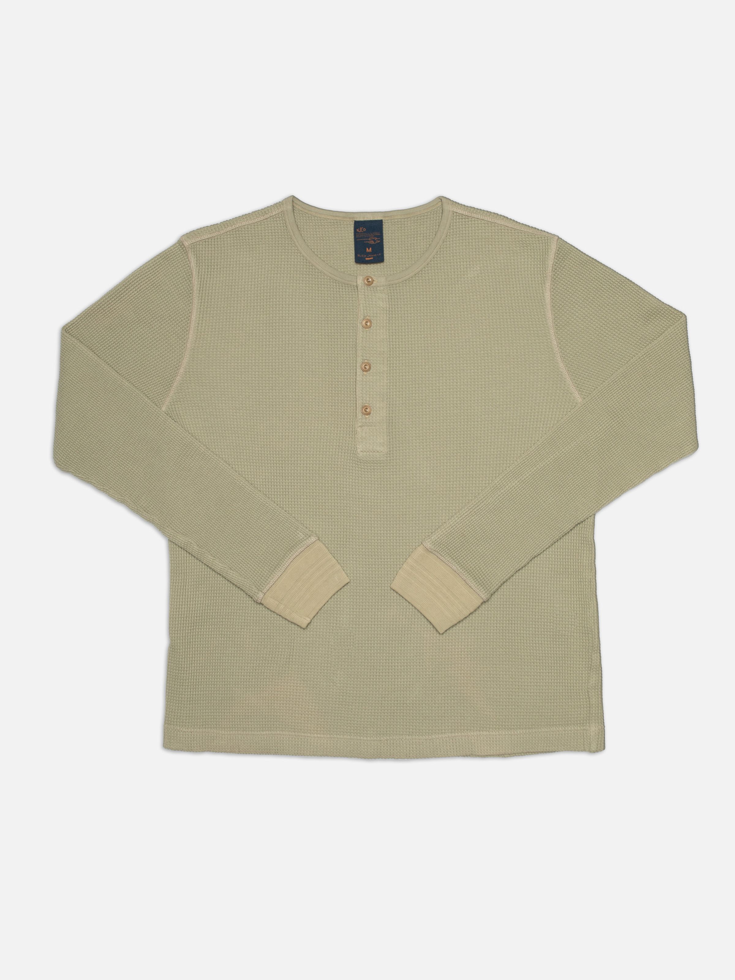 Nudie Jeans LS Henley Waffle T-Shirt Desert, a men's regular fit long-sleeve henley in desert-colored waffle knit, laid flat.