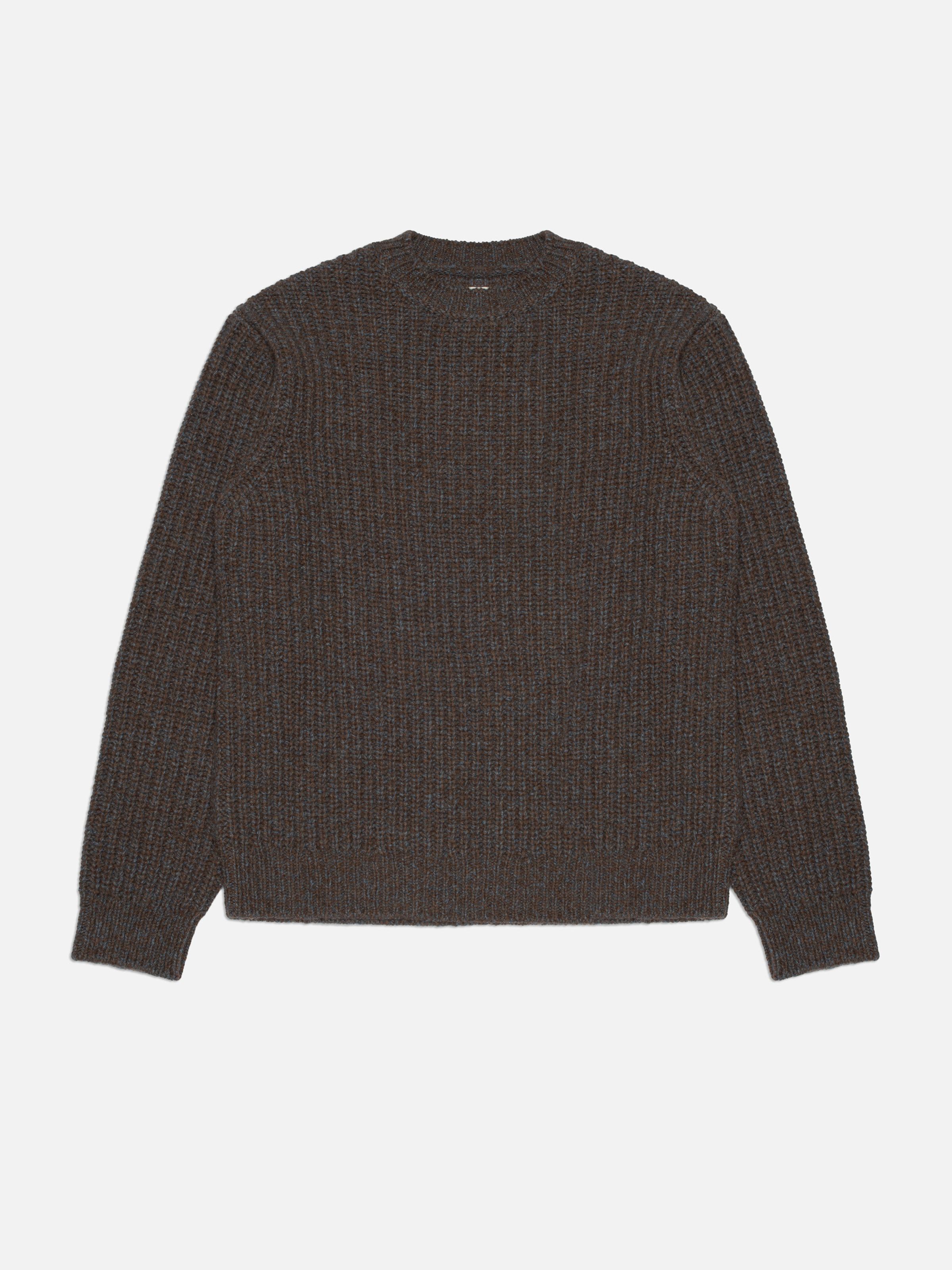 Nudie Jeans August Chunky Crew Neck Knit in Brown, a men's chunky crew neck sweater, shown laid flat.