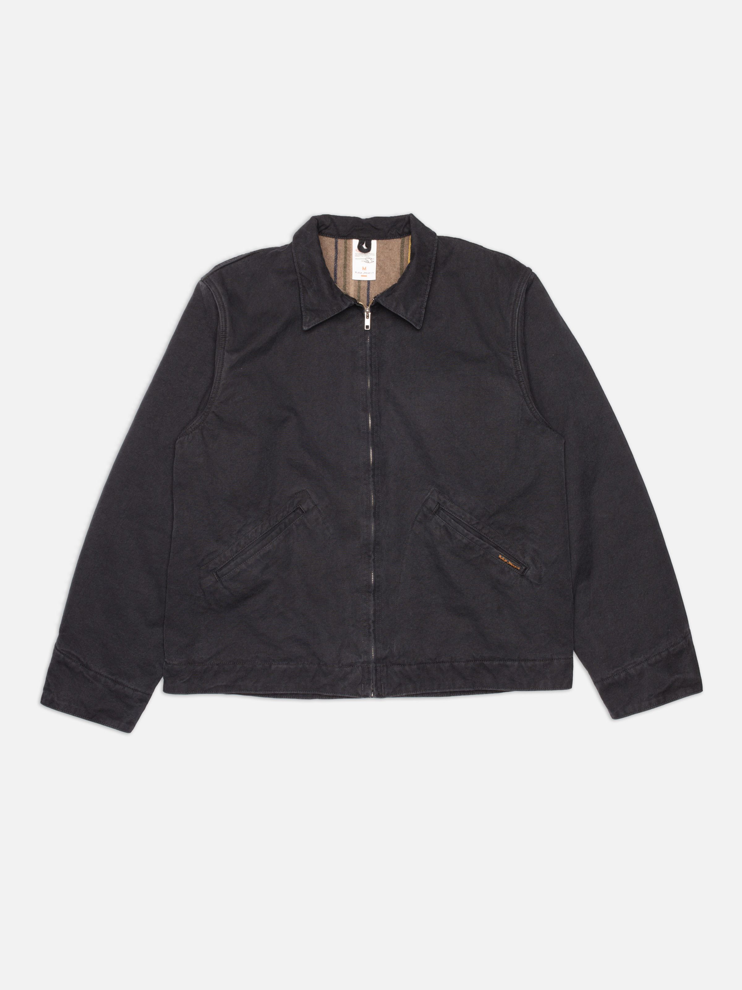 Nudie Jeans Blake Zip Jacket Duck Canvas, a men's regular fit worker jacket in black duck canvas, shown laid flat.