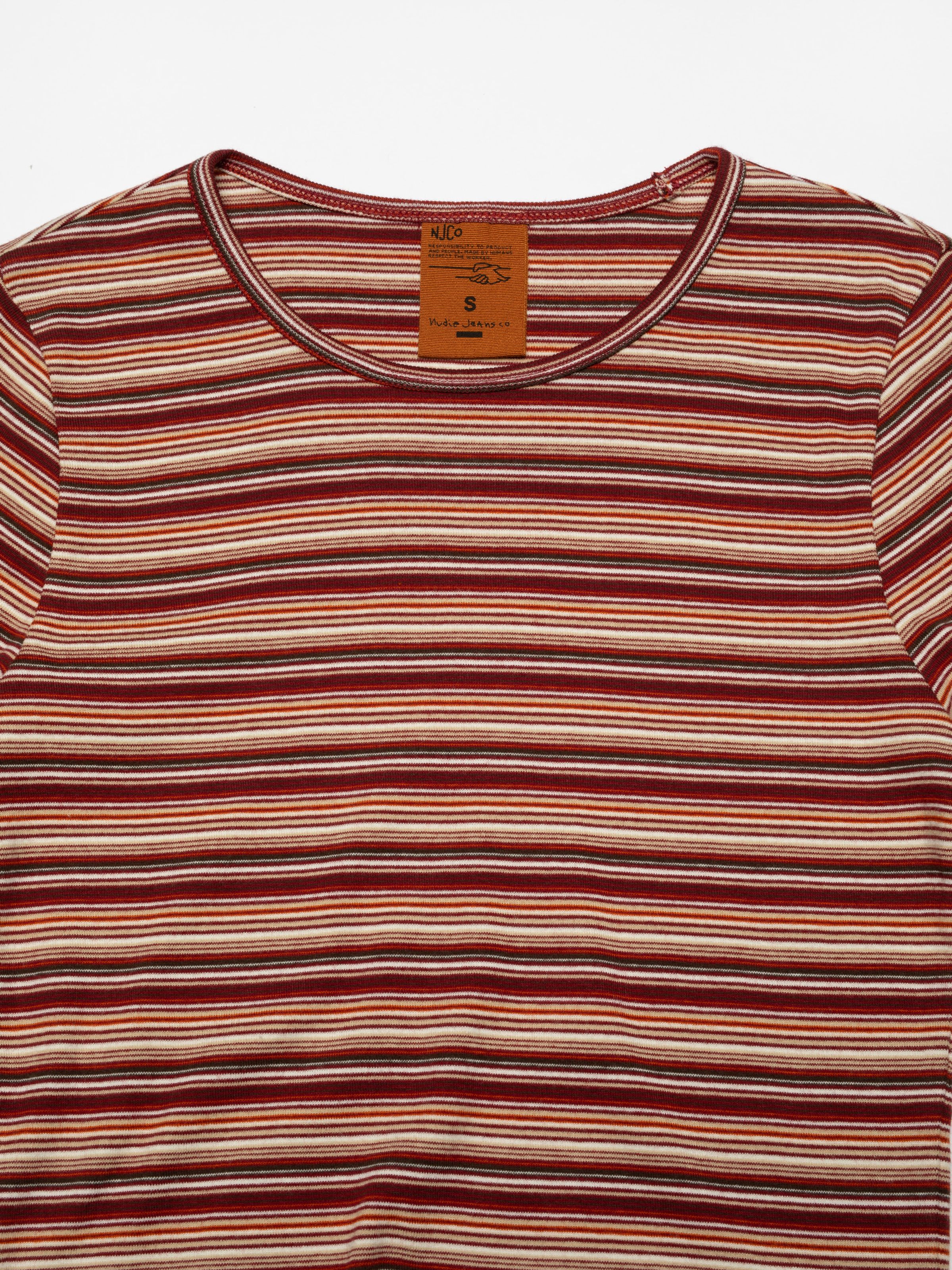 Nudie Jeans Jessy LS T-Shirt Striped Rib, a women's slim fit t-shirt in a wine-colored stripe pattern, close-up of the neck.