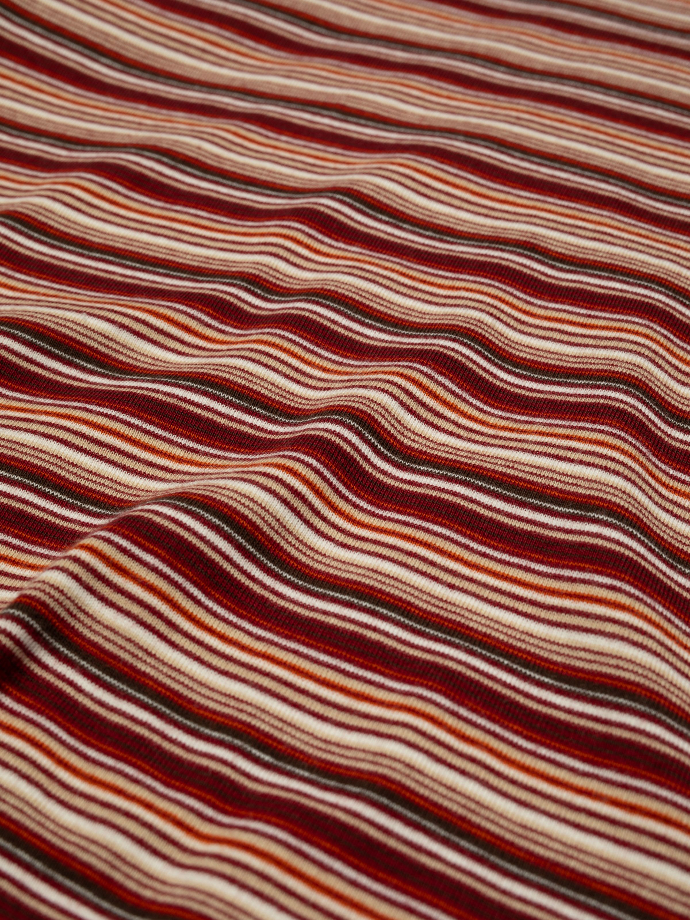 Nudie Jeans Jessy LS T-Shirt Striped Rib in Wine, a close-up detail shot of the multi-colored striped and ribbed fabric.