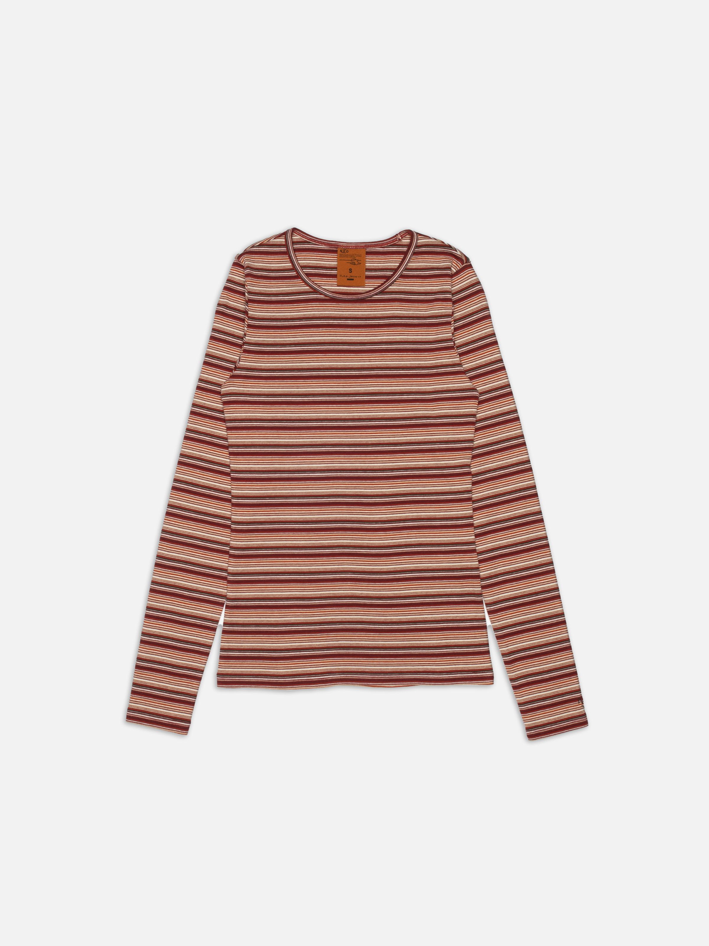Nudie Jeans Jessy LS T-Shirt Striped Rib in Wine, a women's long-sleeved striped t-shirt, shown laid flat.