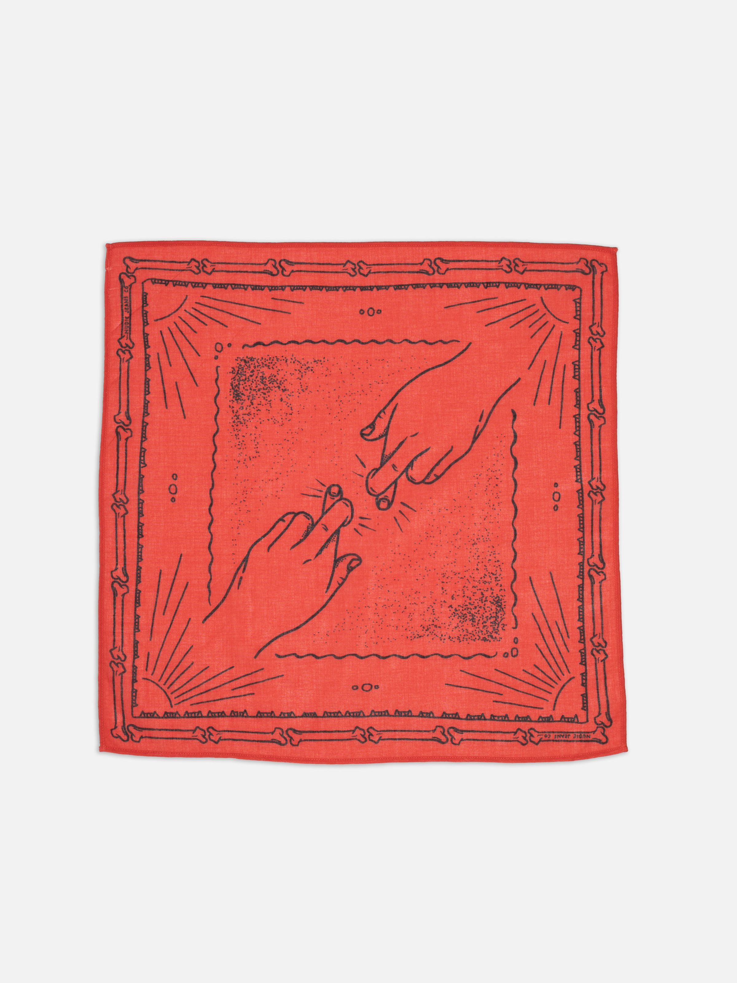 Nudie Jeans Ingrid Bandana in Double Cross Red, a unisex organic cotton bandana with a graphic print, shown laid flat.