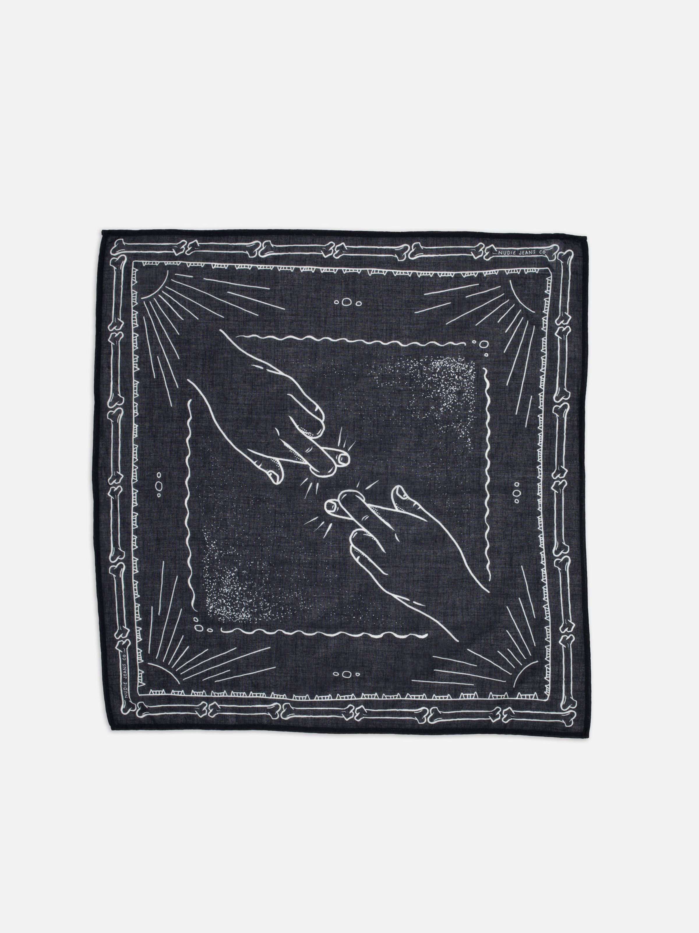 Nudie Jeans Ingrid Bandana Double Cross Blue, unisex organic cotton bandana laid out flat to show the full graphic print.
