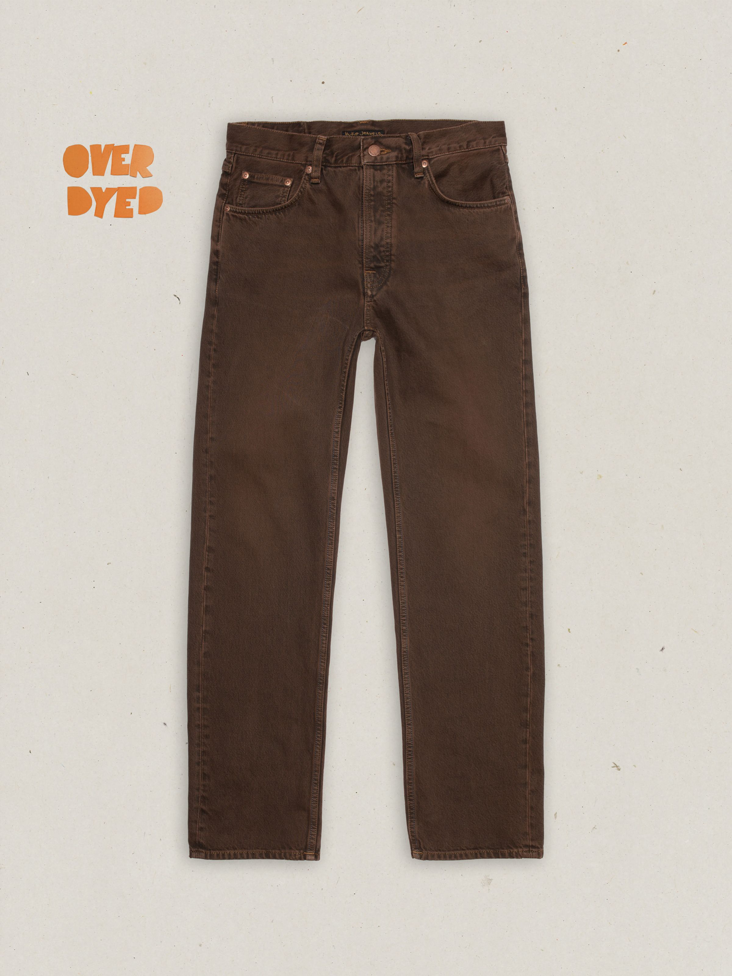 Nudie Jeans Rad Rufus Espresso Bernardini, men's overdyed brown regular-fit jeans shown flat from the front.