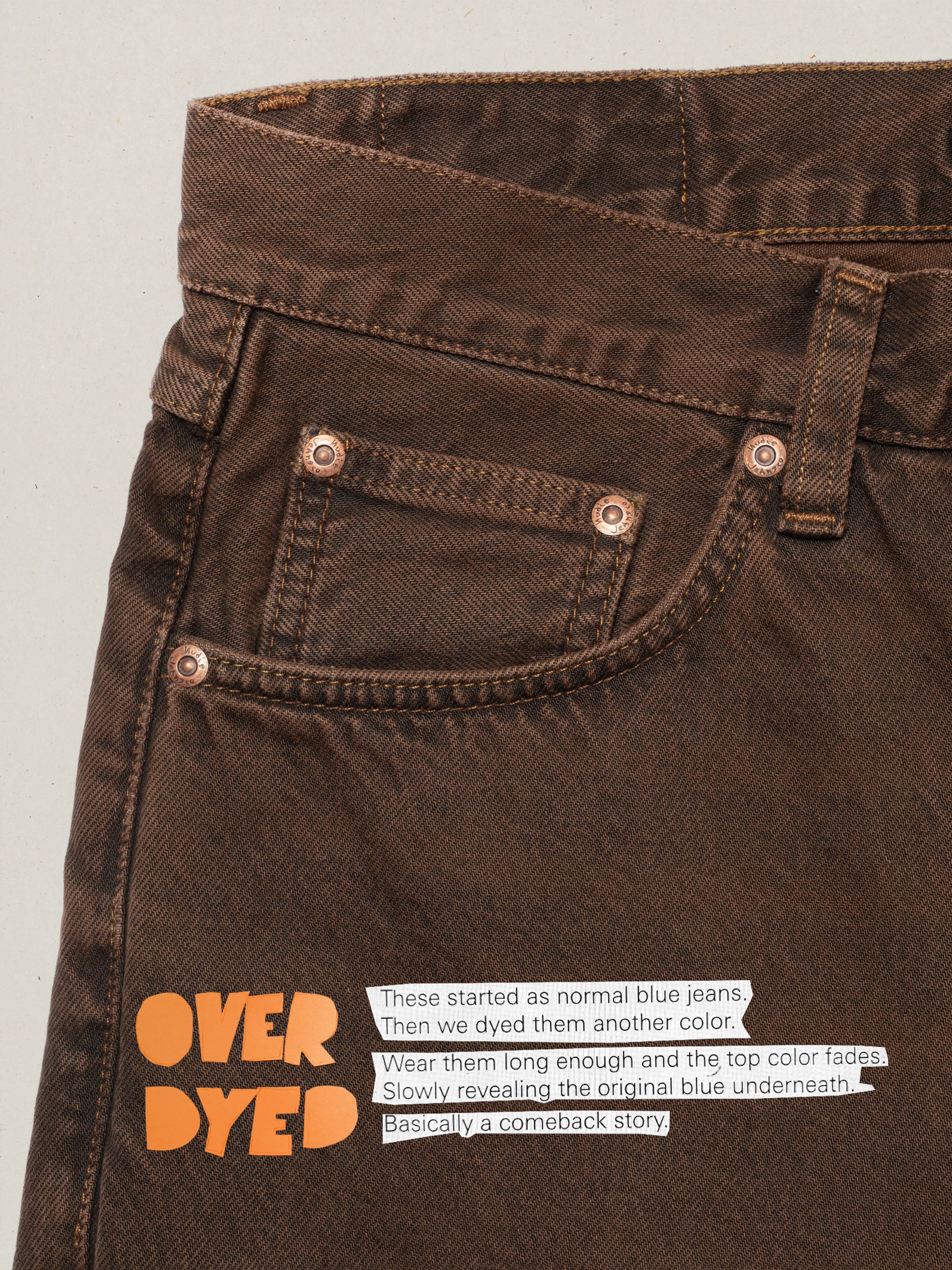 Nudie Jeans Rad Rufus Espresso Bernardini, close-up of the front pocket and copper rivets on overdyed brown denim.