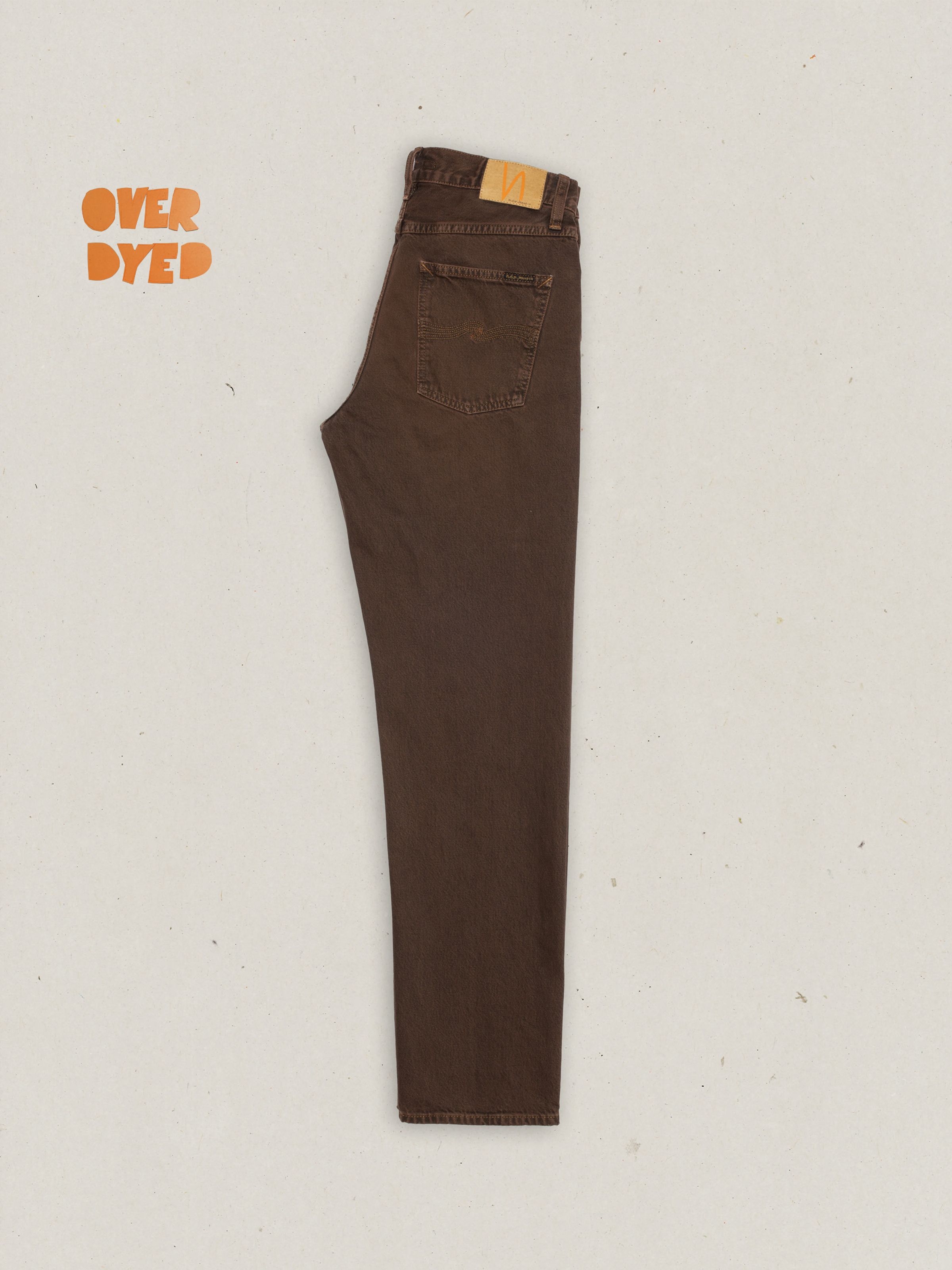 Nudie Jeans Rad Rufus Espresso Bernardini, men's regular-fit straight-leg jeans in brown overdyed denim, side view.