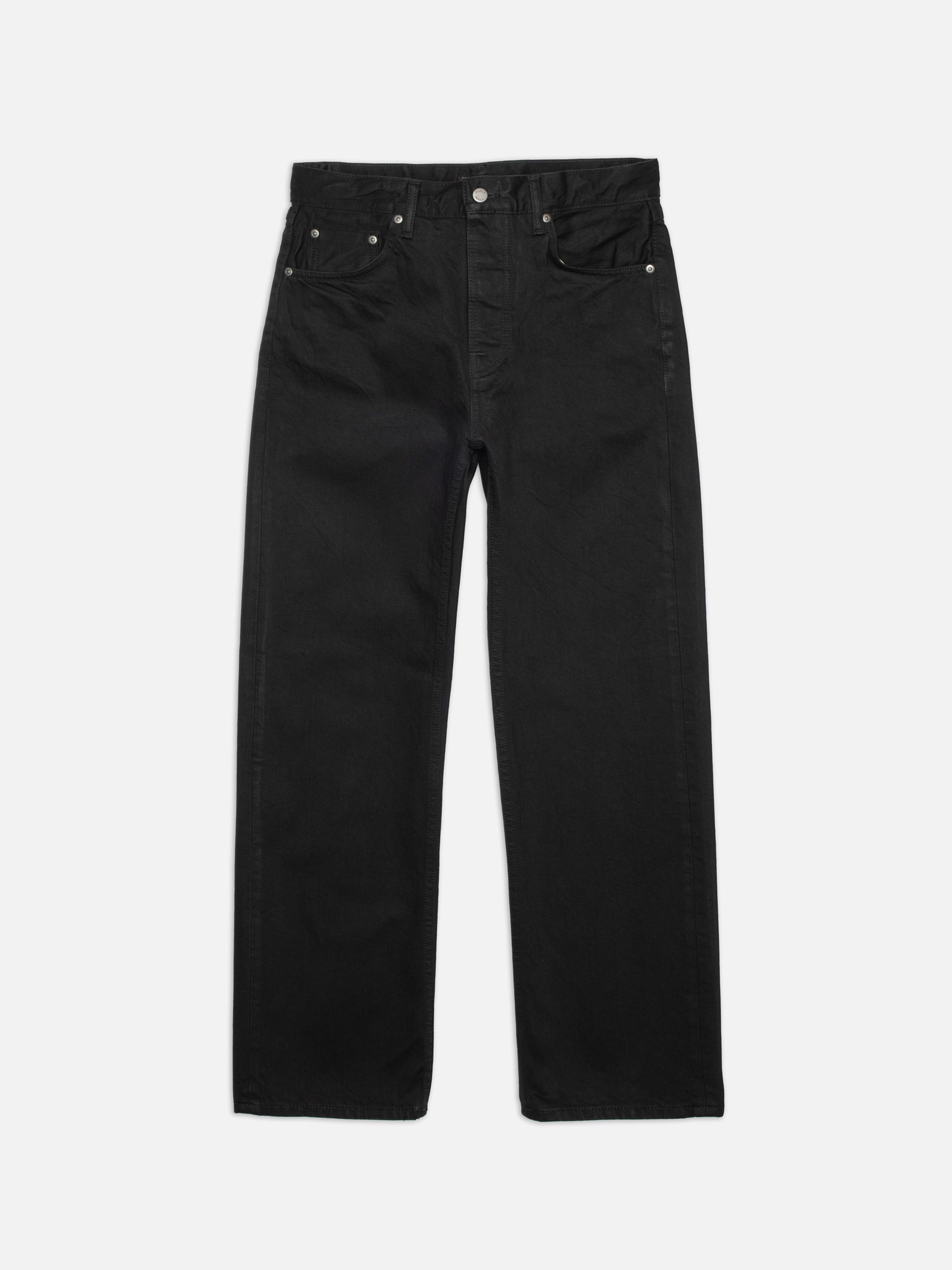 Nudie Jeans Tuff Tony Black Water, a pair of men's loose fit jeans in black denim, shown laid flat.