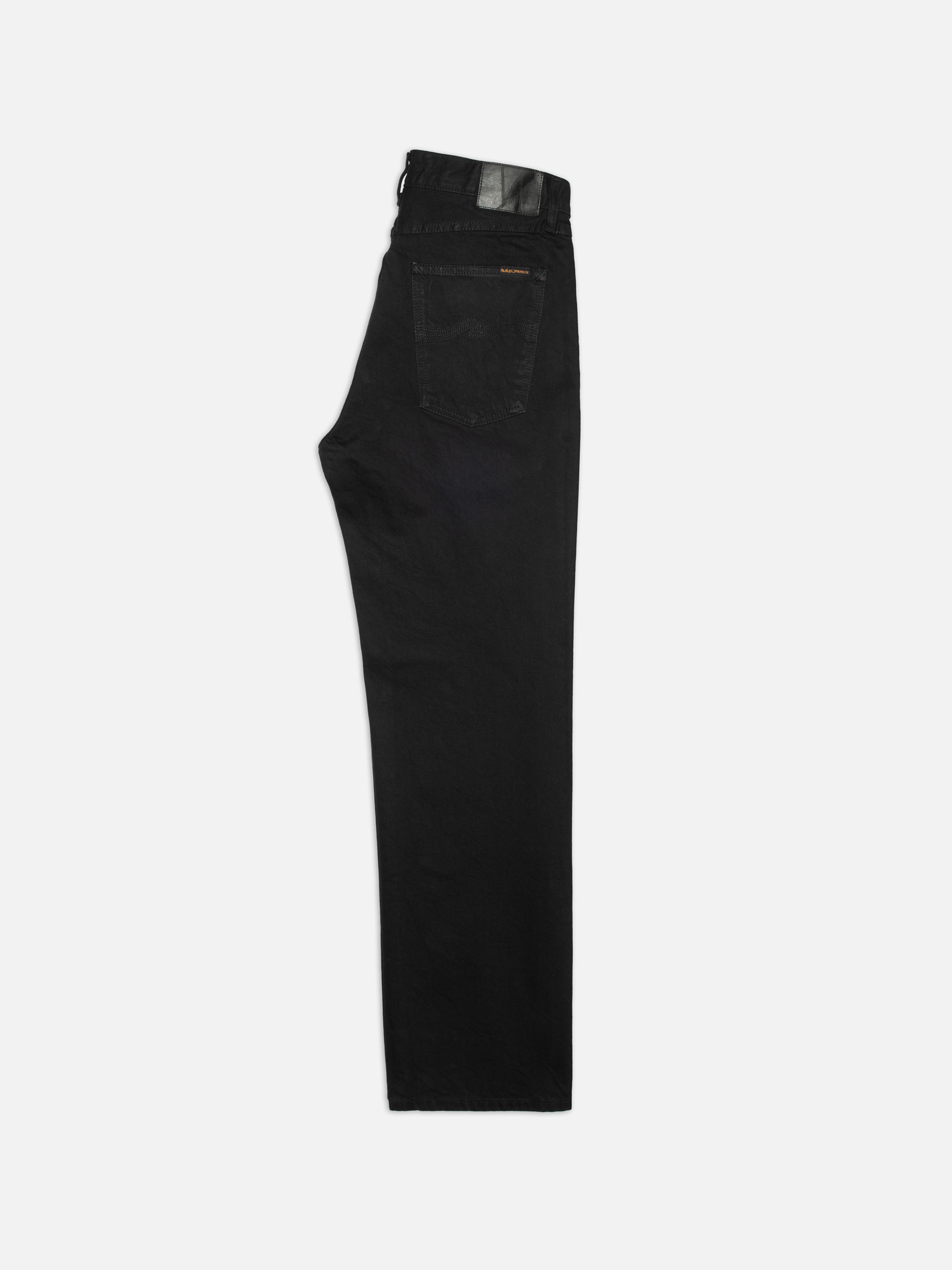 Nudie Jeans Tuff Tony Black Water, a pair of men's loose fit wide leg jeans in black rigid denim, shown laid flat and folded.