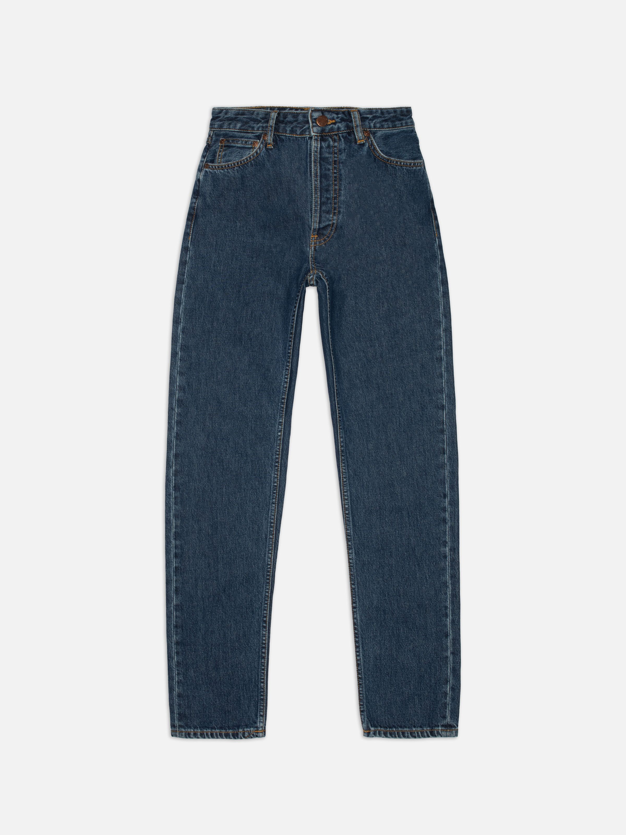 Nudie Jeans Breezy Britt Evening Jazz, a pair of women's regular tapered fit jeans in a dark blue wash, shown laid flat.