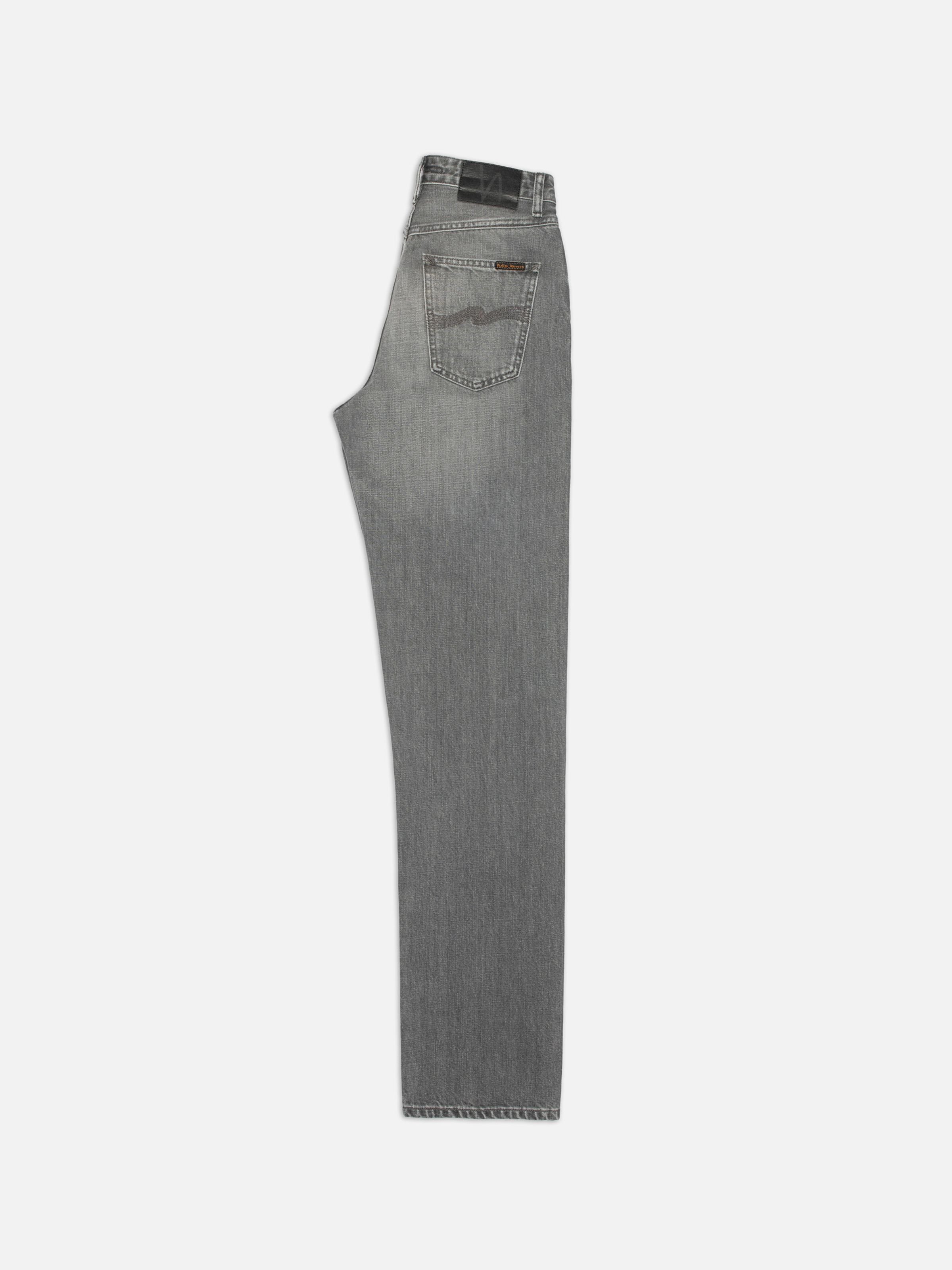 Nudie Jeans Lofty Lo Foggy Grey, women's regular straight fit jeans in a light grey wash, shown laid flat and folded.