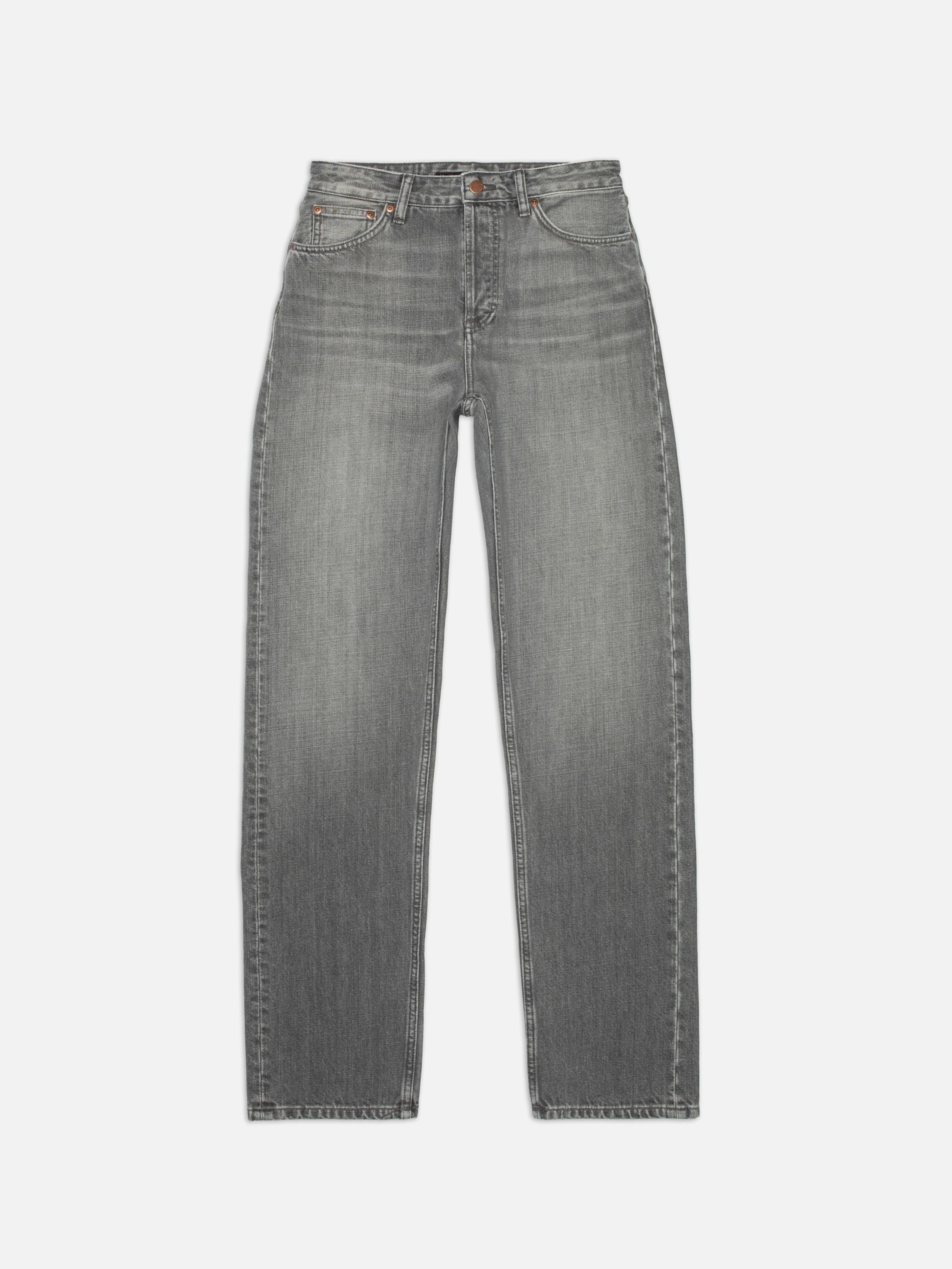 Nudie Jeans Lofty Lo Foggy Grey, a pair of women's high-waist straight leg jeans in a light grey wash, shown laid flat.