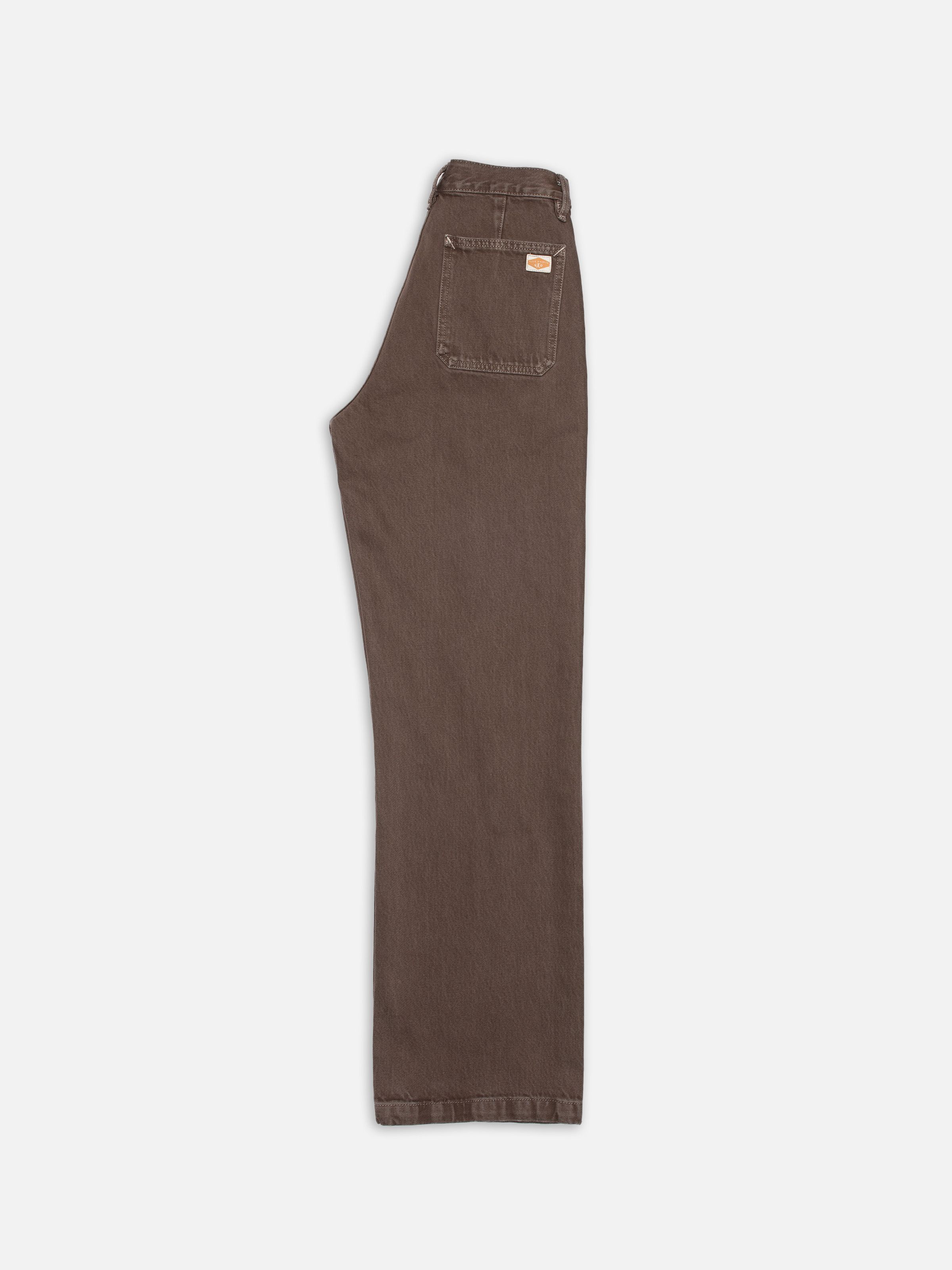 Nudie Jeans Asta Workwear Pants Espresso Brown, women's loose fit, wide-leg pants in brown denim, laid flat and folded.