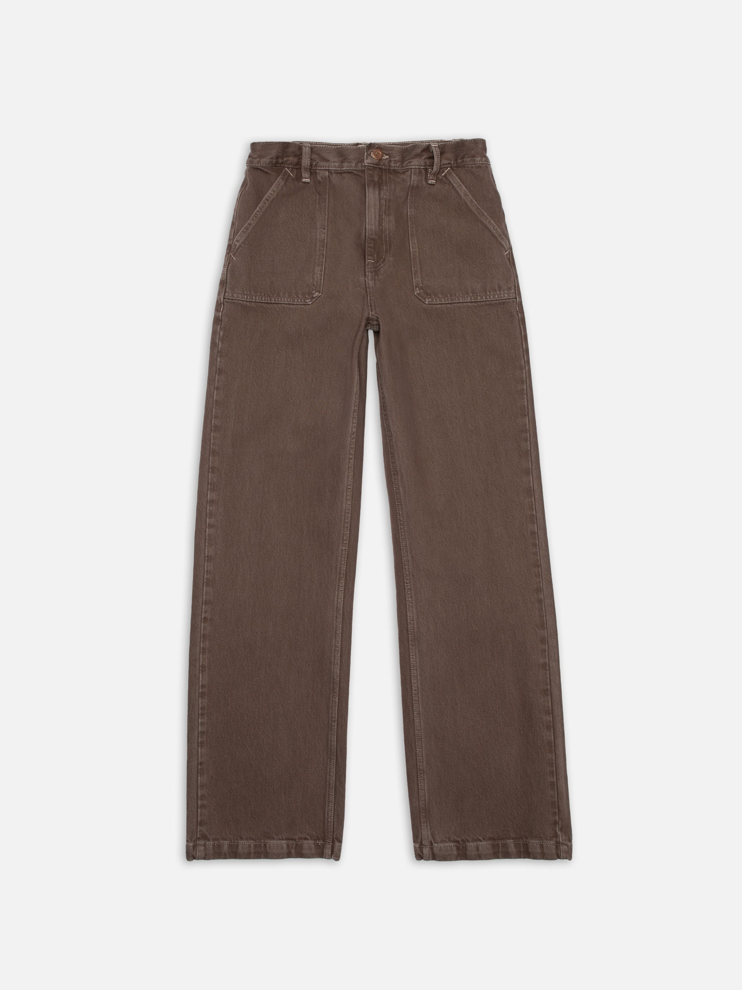 Nudie Jeans Asta Workwear Pants Brown, a pair of women's loose fit workwear pants in brown denim, shown laid flat.